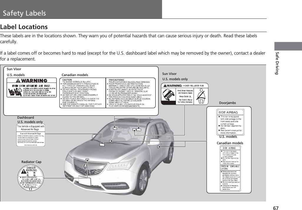 67Safe DrivingSafety LabelsLabel LocationsThese labels are in the locations shown. They warn you of potential hazards that can cause serious injury or death. Read these labels carefully.If a label comes off or becomes hard to read (except for the U.S. dashboard label which may be removed by the owner), contact a dealer for a replacement.Sun VisorU.S. models Canadian modelsRadiator CapU.S. modelsU.S. models onlyDashboardCanadian modelsDoorjambsU.S. models onlySun Visor