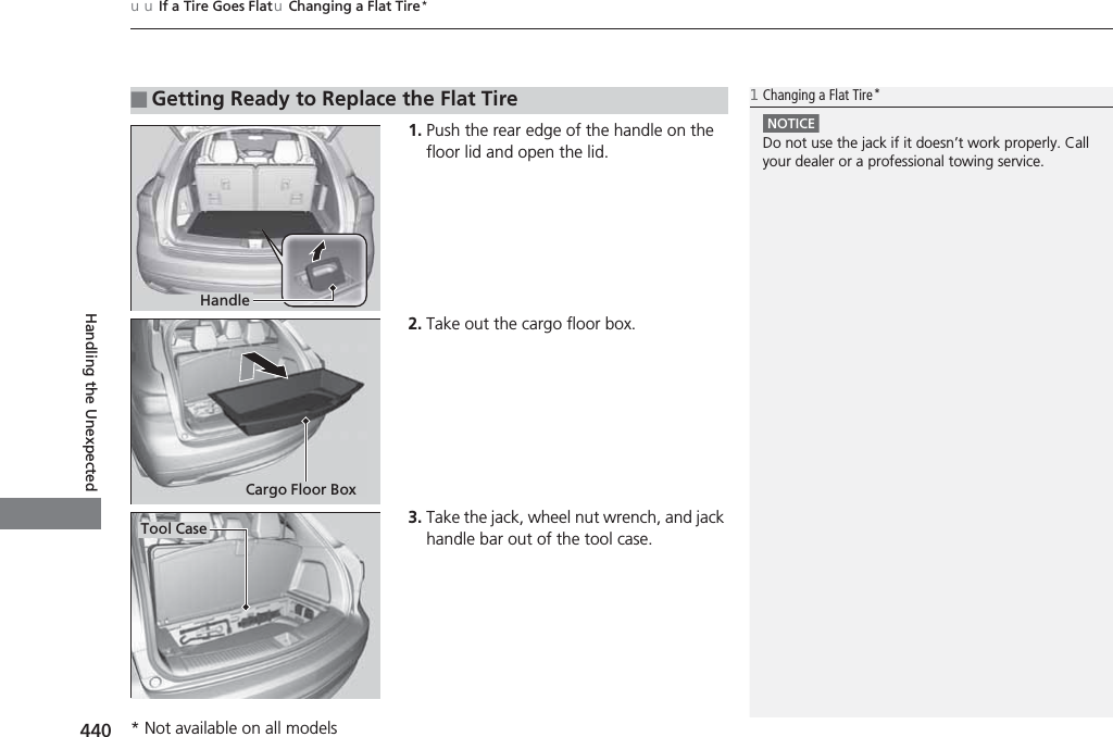 uuIf a Tire Goes FlatuChanging a Flat Tire*440Handling the Unexpected1. Push the rear edge of the handle on the floor lid and open the lid.2. Take out the cargo floor box.3. Take the jack, wheel nut wrench, and jack handle bar out of the tool case.■Getting Ready to Replace the Flat Tire1Changing a Flat Tire*NOTICEDo not use the jack if it doesn’t work properly. Call your dealer or a professional towing service.HandleCargo Floor BoxTool Case* Not available on all models