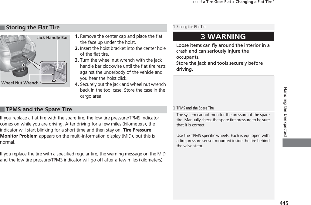 445uuIf a Tire Goes FlatuChanging a Flat Tire*Handling the Unexpected1. Remove the center cap and place the flat tire face up under the hoist.2. Insert the hoist bracket into the center hole of the flat tire.3. Turn the wheel nut wrench with the jack handle bar clockwise until the flat tire rests against the underbody of the vehicle and you hear the hoist click.4. Securely put the jack and wheel nut wrench back in the tool case. Store the case in the cargo area.If you replace a flat tire with the spare tire, the low tire pressure/TPMS indicator comes on while you are driving. After driving for a few miles (kilometers), the indicator will start blinking for a short time and then stay on. Tire Pressure Monitor Problem appears on the multi-information display (MID), but this is normal.If you replace the tire with a specified regular tire, the warning message on the MID and the low tire pressure/TPMS indicator will go off after a few miles (kilometers).■Storing the Flat Tire1Storing the Flat Tire3WARNINGLoose items can fly around the interior in a crash and can seriously injure the occupants.Store the jack and tools securely before driving.Wheel Nut WrenchJack Handle Bar■TPMS and the Spare Tire1TPMS and the Spare TireThe system cannot monitor the pressure of the spare tire. Manually check the spare tire pressure to be sure that it is correct.Use the TPMS specific wheels. Each is equipped with a tire pressure sensor mounted inside the tire behind the valve stem.