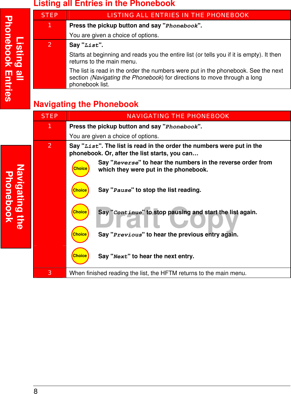 8  Draft CopyListing all Entries in the Phonebook STEP  LISTING ALL ENTRIES IN THE PHONEBOOK 1  Press the pickup button and say &quot;Phonebook&quot;. You are given a choice of options.  2  Say &quot;List&quot;. Starts at beginning and reads you the entire list (or tells you if it is empty). It then returns to the main menu.  The list is read in the order the numbers were put in the phonebook. See the next section (Navigating the Phonebook) for directions to move through a long phonebook list.   Navigating the Phonebook STEP  NAVIGATING THE PHONEBOOK 1  Press the pickup button and say &quot;Phonebook&quot;. You are given a choice of options.  Say &quot;List&quot;. The list is read in the order the numbers were put in the phonebook. Or, after the list starts, you can…   Say &quot;Reverse&quot; to hear the numbers in the reverse order from which they were put in the phonebook.   Say &quot;Pause&quot; to stop the list reading.   Say &quot;Continue&quot; to stop pausing and start the list again.  2  Say &quot;Previous&quot; to hear the previous entry again.    Say &quot;Next&quot; to hear the next entry.  3  When finished reading the list, the HFTM returns to the main menu.   Choice Choice Choice Choice Choice Listing all Phonebook Entries Navigating the Phonebook