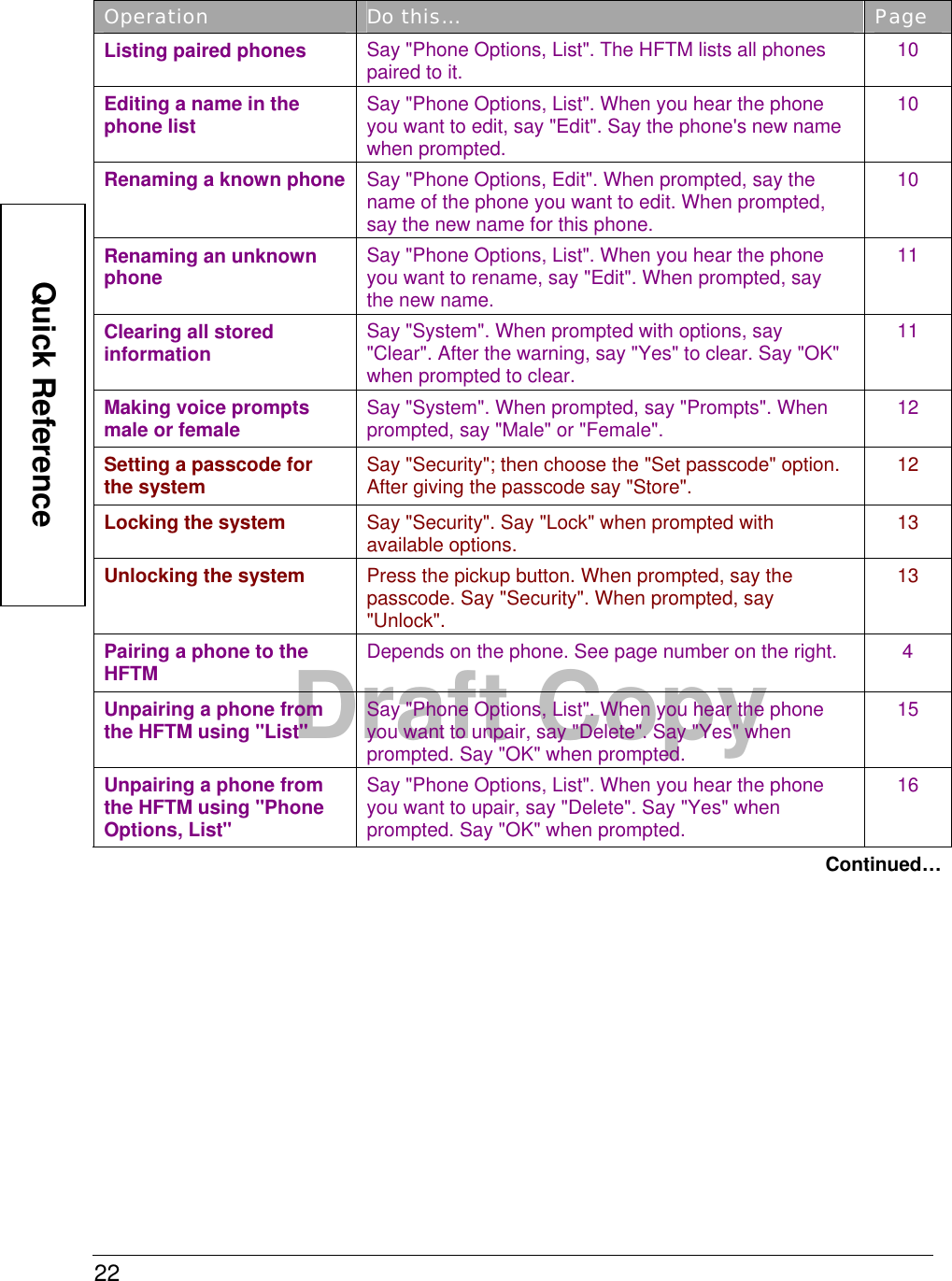 22  Draft Copy Operation  Do this…  Page Listing paired phones  Say &quot;Phone Options, List&quot;. The HFTM lists all phones paired to it.  10 Editing a name in the phone list  Say &quot;Phone Options, List&quot;. When you hear the phone you want to edit, say &quot;Edit&quot;. Say the phone&apos;s new name when prompted. 10 Renaming a known phone  Say &quot;Phone Options, Edit&quot;. When prompted, say the name of the phone you want to edit. When prompted, say the new name for this phone. 10 Renaming an unknown phone  Say &quot;Phone Options, List&quot;. When you hear the phone you want to rename, say &quot;Edit&quot;. When prompted, say the new name. 11 Clearing all stored information  Say &quot;System&quot;. When prompted with options, say &quot;Clear&quot;. After the warning, say &quot;Yes&quot; to clear. Say &quot;OK&quot; when prompted to clear. 11 Making voice prompts male or female  Say &quot;System&quot;. When prompted, say &quot;Prompts&quot;. When prompted, say &quot;Male&quot; or &quot;Female&quot;.  12 Setting a passcode for the system  Say &quot;Security&quot;; then choose the &quot;Set passcode&quot; option. After giving the passcode say &quot;Store&quot;.  12 Locking the system  Say &quot;Security&quot;. Say &quot;Lock&quot; when prompted with available options.  13 Unlocking the system  Press the pickup button. When prompted, say the passcode. Say &quot;Security&quot;. When prompted, say &quot;Unlock&quot;. 13 Pairing a phone to the HFTM  Depends on the phone. See page number on the right.  4 Unpairing a phone from the HFTM using &quot;List&quot;  Say &quot;Phone Options, List&quot;. When you hear the phone you want to unpair, say &quot;Delete&quot;. Say &quot;Yes&quot; when prompted. Say &quot;OK&quot; when prompted. 15 Unpairing a phone from the HFTM using &quot;Phone Options, List&quot; Say &quot;Phone Options, List&quot;. When you hear the phone you want to upair, say &quot;Delete&quot;. Say &quot;Yes&quot; when prompted. Say &quot;OK&quot; when prompted. 16 Continued… Quick Reference 