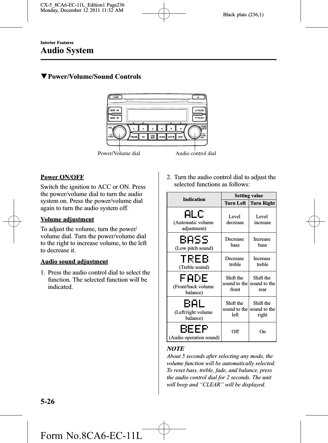 Black plate (236,1)qPower/Volume/Sound ControlsAudio control dialPower/Volume dialPower ON/OFFSwitch the ignition to ACC or ON. Pressthe power/volume dial to turn the audiosystem on. Press the power/volume dialagain to turn the audio system off.Volume adjustmentTo adjust the volume, turn the power/volume dial. Turn the power/volume dialto the right to increase volume, to the leftto decrease it.Audio sound adjustment1. Press the audio control dial to select thefunction. The selected function will beindicated.2. Turn the audio control dial to adjust theselected functions as follows:Indication Setting valueTurn Left Turn Right(Automatic volumeadjustment)LeveldecreaseLevelincrease(Low pitch sound)DecreasebassIncreasebass(Treble sound)DecreasetrebleIncreasetreble(Front/back volumebalance)Shift thesound to thefrontShift thesound to therear(Left/right volumebalance)Shift thesound to theleftShift thesound to theright(Audio operation sound)Off OnNOTEAbout 5 seconds after selecting any mode, thevolume function will be automatically selected.To reset bass, treble, fade, and balance, pressthe audio control dial for 2 seconds. The unitwill beep and “CLEAR”will be displayed.5-26Interior FeaturesAudio SystemCX-5_8CA6-EC-11L_Edition1 Page236Monday, December 12 2011 11:32 AMForm No.8CA6-EC-11L