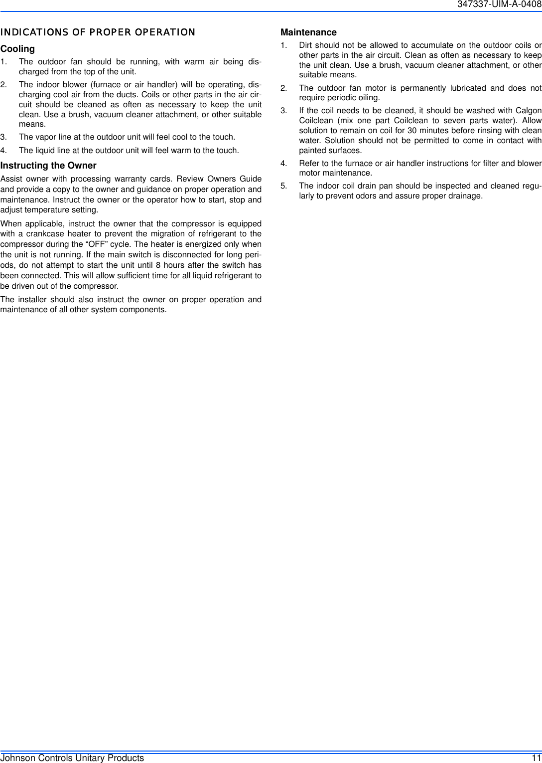 Page 11 of 12 - Johnson-Controls Johnson-Controls-13-Seer-Users-Manual- 347337-UIM-A-0408  Johnson-controls-13-seer-users-manual