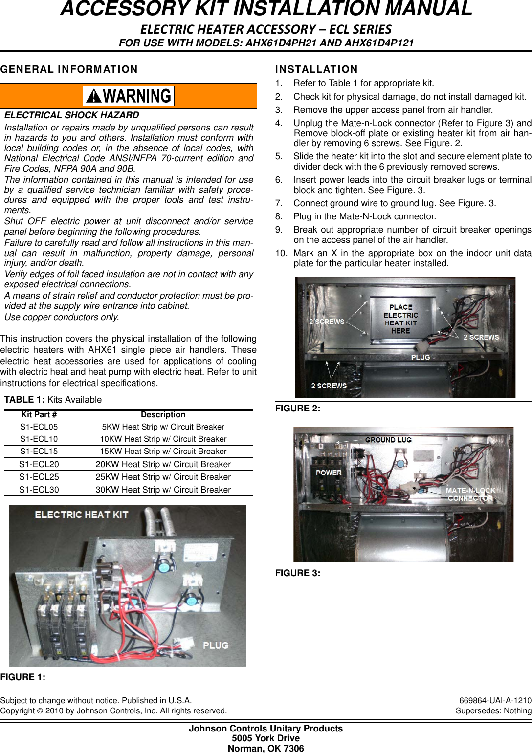 Page 1 of 1 - Johnson-Controls Johnson-Controls-Johnson-Controls-Inc-Air-Conditioner-S1-Ecl05-Users-Manual- 669864-UAI-A-1210  Johnson-controls-johnson-controls-inc-air-conditioner-s1-ecl05-users-manual