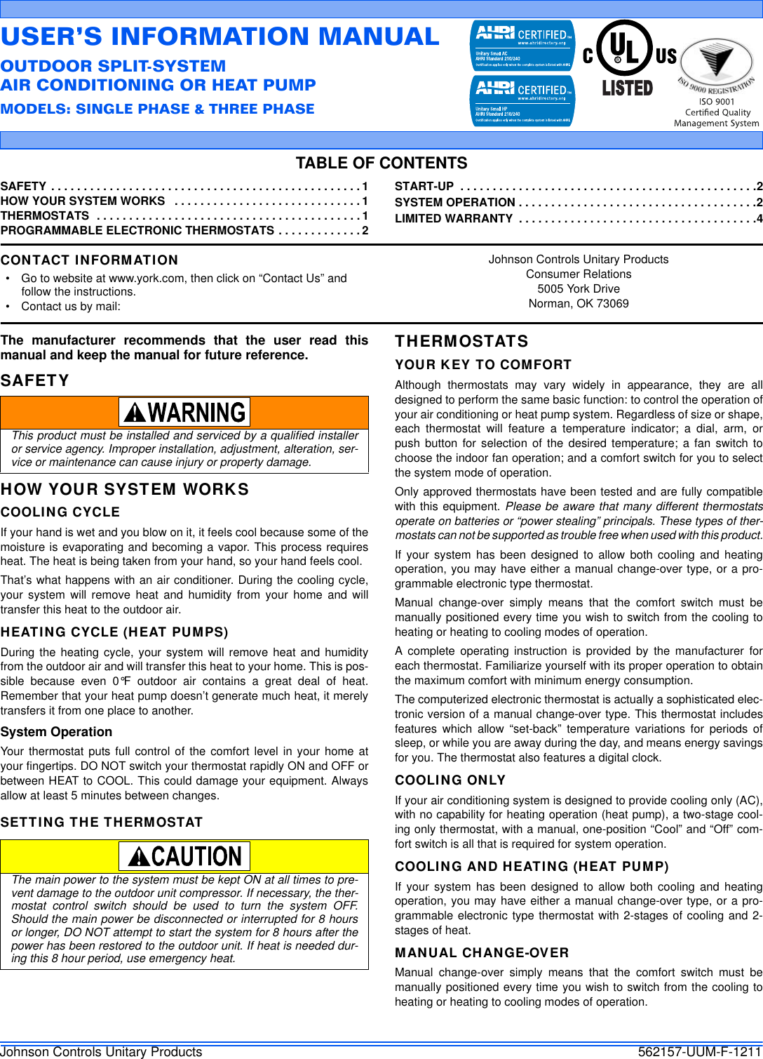 Page 1 of 4 - Johnson-Controls Johnson-Controls-Johnson-Controls-Inc-Heat-Pump-562157-Uum-F-1211-Users-Manual- 562157-UUM-F-1211  Johnson-controls-johnson-controls-inc-heat-pump-562157-uum-f-1211-users-manual