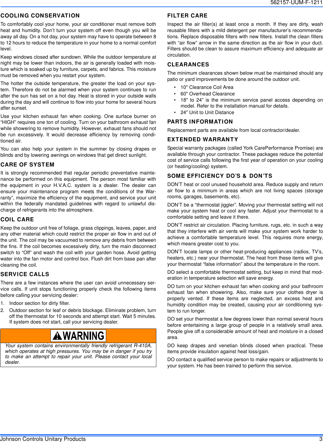 Page 3 of 4 - Johnson-Controls Johnson-Controls-Johnson-Controls-Inc-Heat-Pump-562157-Uum-F-1211-Users-Manual- 562157-UUM-F-1211  Johnson-controls-johnson-controls-inc-heat-pump-562157-uum-f-1211-users-manual