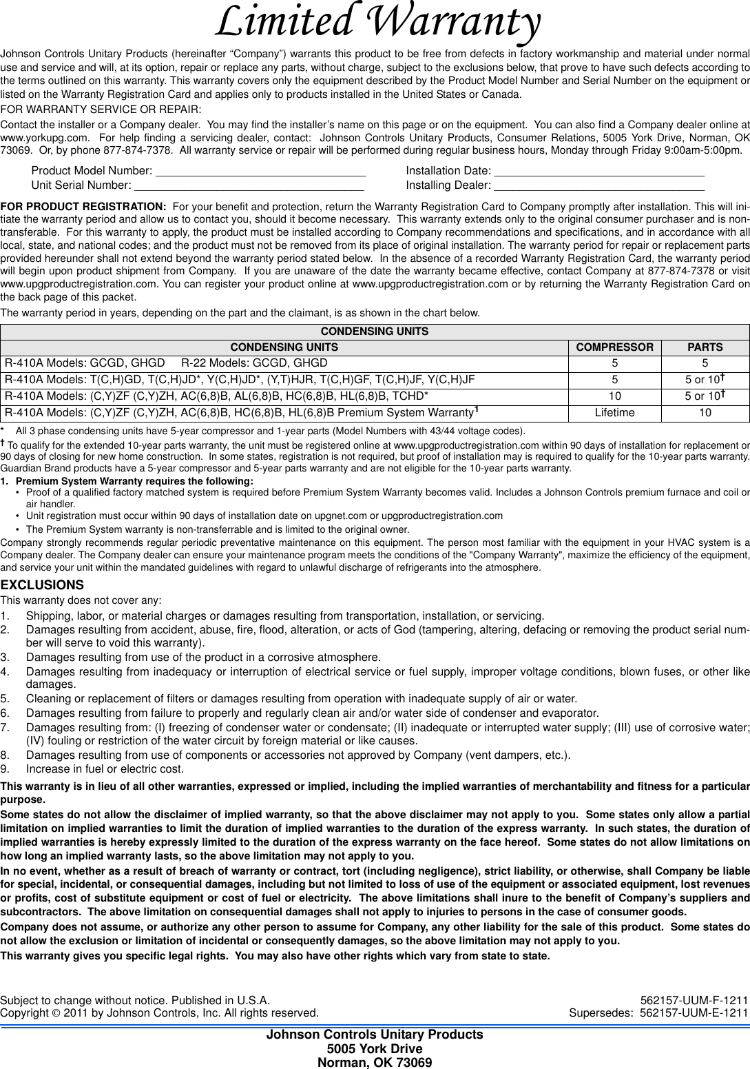 Page 4 of 4 - Johnson-Controls Johnson-Controls-Johnson-Controls-Inc-Heat-Pump-562157-Uum-F-1211-Users-Manual- 562157-UUM-F-1211  Johnson-controls-johnson-controls-inc-heat-pump-562157-uum-f-1211-users-manual