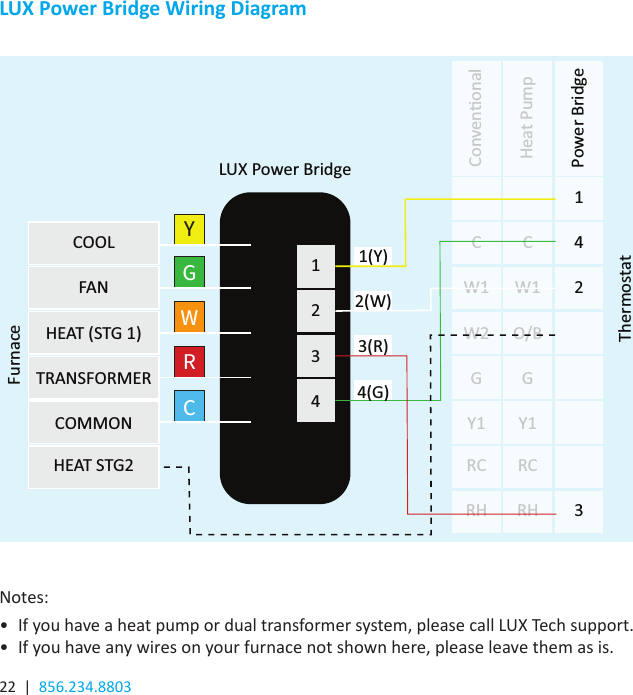 22  |  856.234.8803LUX Power Bridge Wiring DiagramCOOLConvenonalHeat PumpPower BridgeFurnaceThermostatFANHEAT (STG 1)TRANSFORMERCOMMONHEAT STG2LUX Power BridgeCW1W2GY1RCRHCW1O/BGY1RCRH4123YGWRC12341(Y)2(W)3(R)4(G)Notes:•  If you have a heat pump or dual transformer system, please call LUX Tech support.•  If you have any wires on your furnace not shown here, please leave them as is.