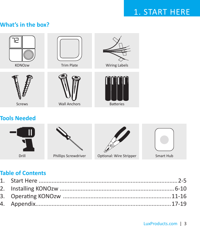 LuxProducts.com  |  31. START HERETools NeededTable of Contents1.  Start Here ......................................................................................2-52.  Installing KONOzw .......................................................................6-103.  Operang KONOzw  ...................................................................11-164.  Appendix....................................................................................17-19KONOzwDrill Oponal: Wire Stripper Smart HubPhillips ScrewdriverBaeriesWhat’s in the box?Screws Wall AnchorsTrim Plate Wiring Labels