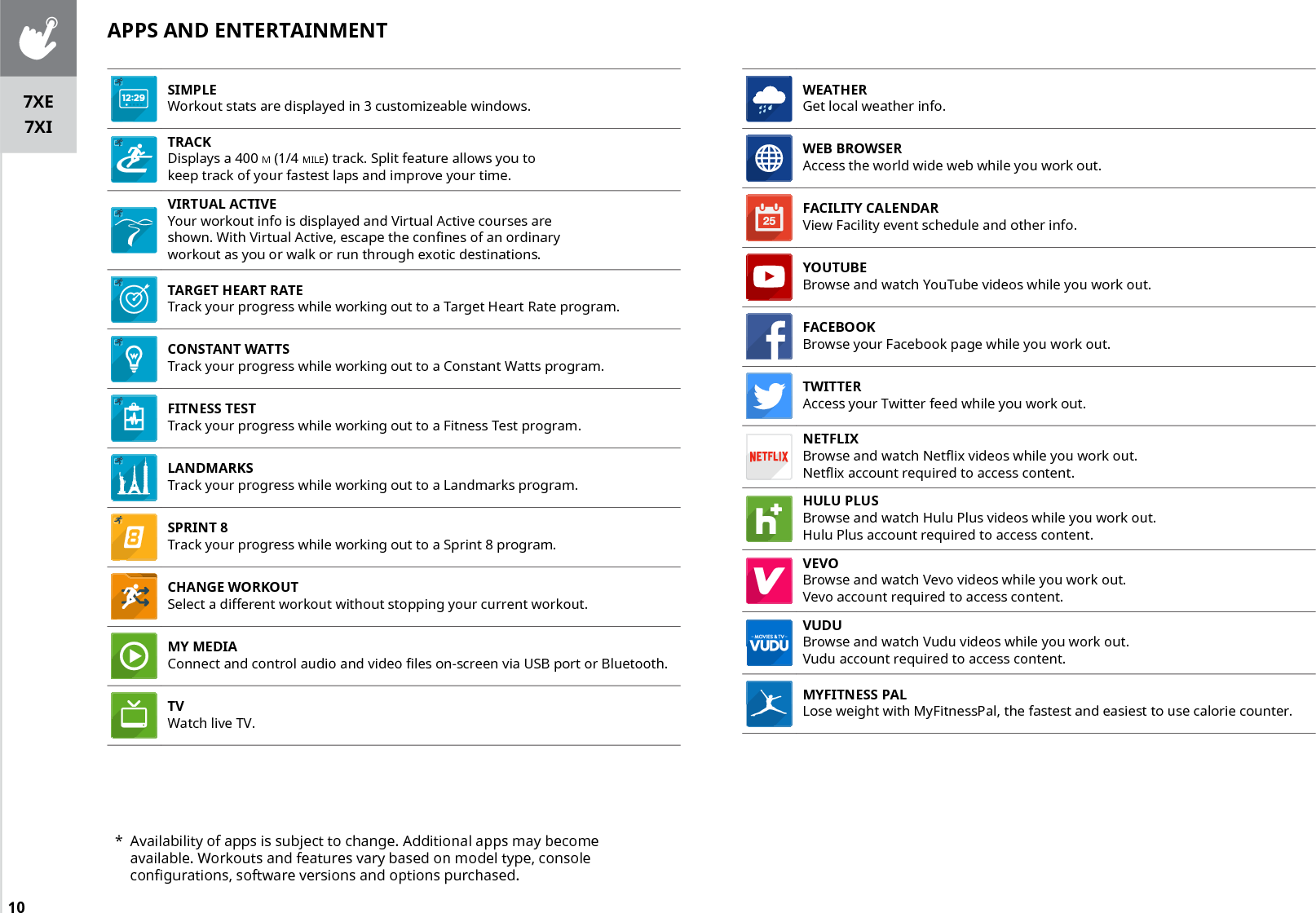 10APPS AND ENTERTAINMENTWEATHER Get local weather info.WEB BROWSER Access the world wide web while you work out.FACILITY CALENDAR View Facility event schedule and other info.YOUTUBE Browse and watch YouTube videos while you work out.FACEBOOK Browse your Facebook page while you work out.TWITTER Access your Twitter feed while you work out.NETFLIX Browse and watch Netflix videos while you work out. Netflix account required to access content.HULU PLUS Browse and watch Hulu Plus videos while you work out.Hulu Plus account required to access content.VEVO Browse and watch Vevo videos while you work out.Vevo account required to access content.VUDU Browse and watch Vudu videos while you work out.Vudu account required to access content.MYFITNESS PAL Lose weight with MyFitnessPal, the fastest and easiest to use calorie counter.SIMPLE Workout stats are displayed in 3 customizeable windows.TRACK Displays a 400 m (1/4 mile) track. Split feature allows you to keep track of your fastest laps and improve your time.VIRTUAL ACTIVE Your workout info is displayed and Virtual Active courses are shown. With Virtual Active, escape the confines of an ordinary workout as you or walk or run through exotic destinations.TARGET HEART RATE Track your progress while working out to a Target Heart Rate program.CONSTANT WATTS Track your progress while working out to a Constant Watts program.FITNESS TEST Track your progress while working out to a Fitness Test program.LANDMARKS Track your progress while working out to a Landmarks program.SPRINT 8 Track your progress while working out to a Sprint 8 program.CHANGE WORKOUT Select a different workout without stopping your current workout.MY MEDIA Connect and control audio and video files on-screen via USB port or Bluetooth.TV Watch live TV.*  Availability of apps is subject to change. Additional apps may become available. Workouts and features vary based on model type, console configurations, software versions and options purchased.7XE7XI