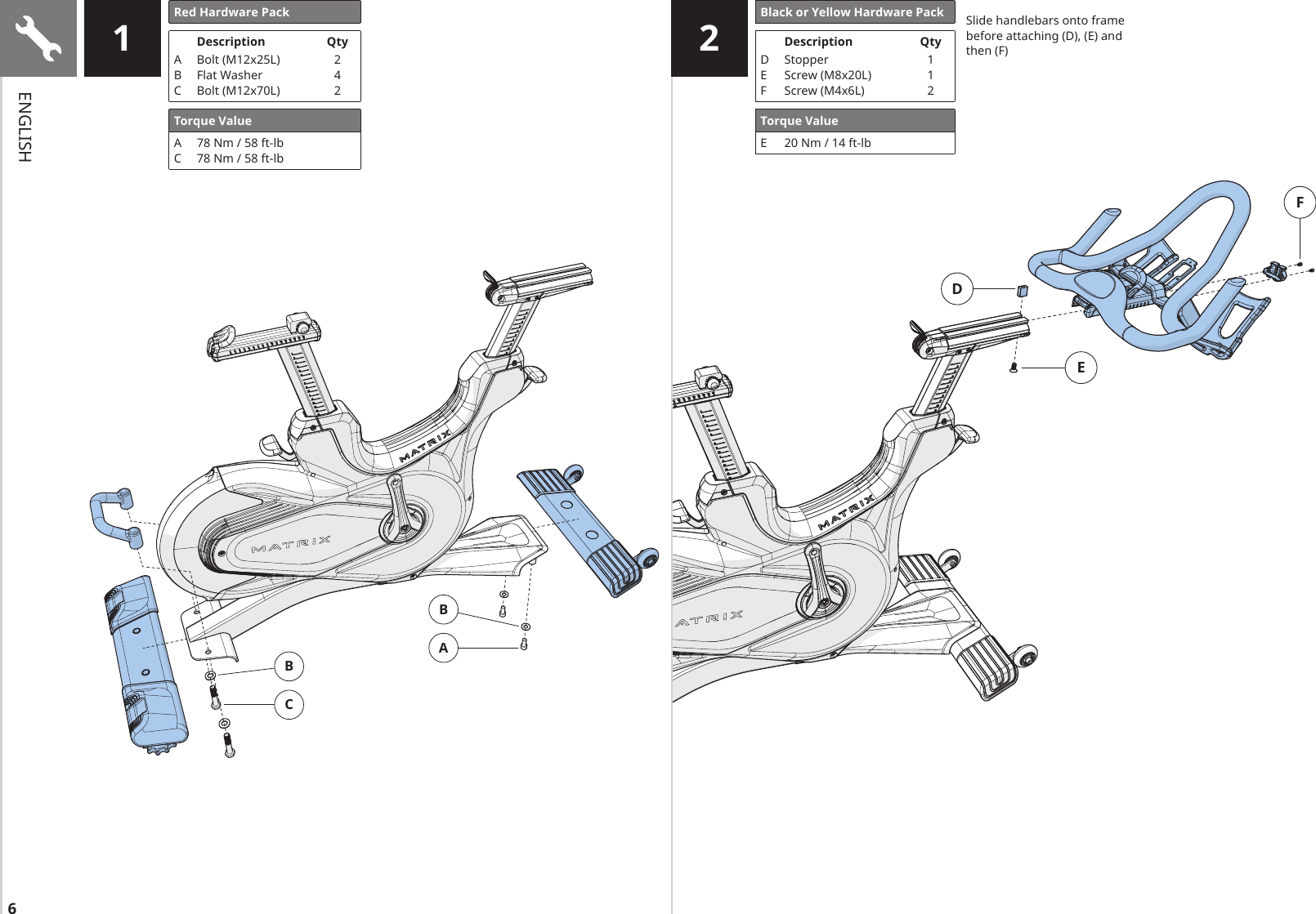 61 2ABCBRed Hardware PackDescription QtyABCBolt (M12x25L)Flat WasherBolt (M12x70L)242Torque ValueAC78 Nm / 58 ft-lb78 Nm / 58 ft-lbEDFBlack or Yellow Hardware PackDescription QtyDEFStopperScrew (M8x20L)Screw (M4x6L)112Torque ValueE20 Nm / 14 ft-lbSlide handlebars onto frame before attaching (D), (E) and then (F)ENGLISH