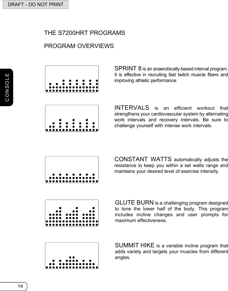 14DRAFT - DO NOT PRINTCONSTANT WATTS automatically adjusts the resistance to keep you within a set watts range and maintains your desired level of exercise intensity.SPRINT 8 is an anaerobically-based interval program. It is effective in recruiting fast twitch muscle fibers and improving athletic performance.THE S7200HRT PROGRAMSPROGRAM OVERVIEWSINTERVALS is an efficient workout that strengthens your cardiovascular system by alternating work intervals and recovery intervals. Be sure to challenge yourself with intense work intervals.GLUTE BURN is a challenging program designed to tone the lower half of the body. This program includes incline changes and user prompts for maximum effectiveness.SUMMIT HIKE is a variable incline program that adds variety and targets your muscles from different angles.CONSOLE