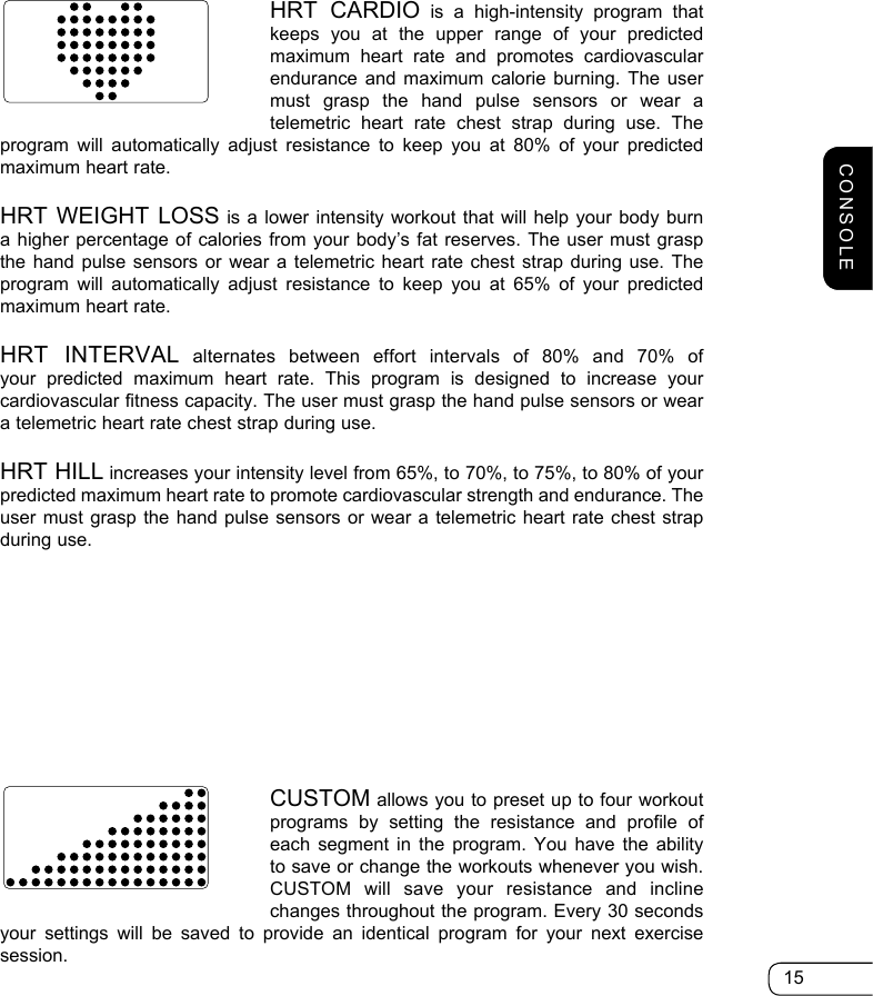 15CUSTOM allows you to preset up to four workout programs by setting the resistance and profile of each segment in the program. You have the ability to save or change the workouts whenever you wish. CUSTOM will save your resistance and incline changes throughout the program. Every 30 seconds your settings will be saved to provide an identical program for your next exercise session.HRT CARDIO is a high-intensity program that keeps you at the upper range of your predicted maximum heart rate and promotes cardiovascular endurance and maximum calorie burning. The user must grasp the hand pulse sensors or wear a telemetric heart rate chest strap during use. The program will automatically adjust resistance to keep you at 80% of your predicted maximum heart rate.HRT WEIGHT LOSS is a lower intensity workout that will help your body burn a higher percentage of calories from your body’s fat reserves. The user must grasp the hand pulse sensors or wear a telemetric heart rate chest strap during use. The program will automatically adjust resistance to keep you at 65% of your predicted maximum heart rate.HRT INTERVAL alternates between effort intervals of 80% and 70% of your predicted maximum heart rate. This program is designed to increase your cardiovascular fitness capacity. The user must grasp the hand pulse sensors or wear a telemetric heart rate chest strap during use.HRT HILL increases your intensity level from 65%, to 70%, to 75%, to 80% of your predicted maximum heart rate to promote cardiovascular strength and endurance. The user must grasp the hand pulse sensors or wear a telemetric heart rate chest strap during use.CONSOLE