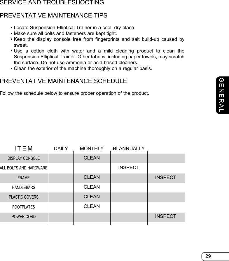 29SERVICE AND TROUBLESHOOTINGPREVENTATIVE MAINTENANCE TIPS  • Locate Suspension Elliptical Trainer in a cool, dry place.  • Make sure all bolts and fasteners are kept tight.  •  Keep the display console free from fingerprints and salt build-up caused by sweat.  •  Use a cotton cloth with water and a mild cleaning product to clean the Suspension Elliptical Trainer. Other fabrics, including paper towels, may scratch the surface. Do not use ammonia or acid-based cleaners.  • Clean the exterior of the machine thoroughly on a regular basis.PREVENTATIVE MAINTENANCE SCHEDULEFollow the schedule below to ensure proper operation of the product.DAILY MONTHLY BI-ANNUALLY DISPLAY CONSOLEALL BOLTS AND HARDWAREFRAMEHANDLEBARSPLASTIC COVERSFOOTPLATESPOWER CORDITEMCLEANCLEANCLEANCLEANCLEANINSPECTINSPECTINSPECTGENERAL