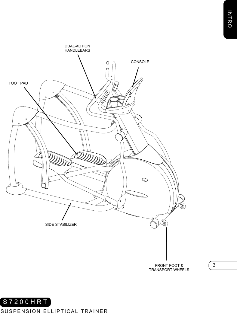 3INTROSUSPENSION ELLIPTICAL TRAINERS7200HRTFRONT FOOT &amp;TRANSPORT WHEELSFOOT PADCONSOLEDUAL-ACTION HANDLEBARSSIDE STABILIZER