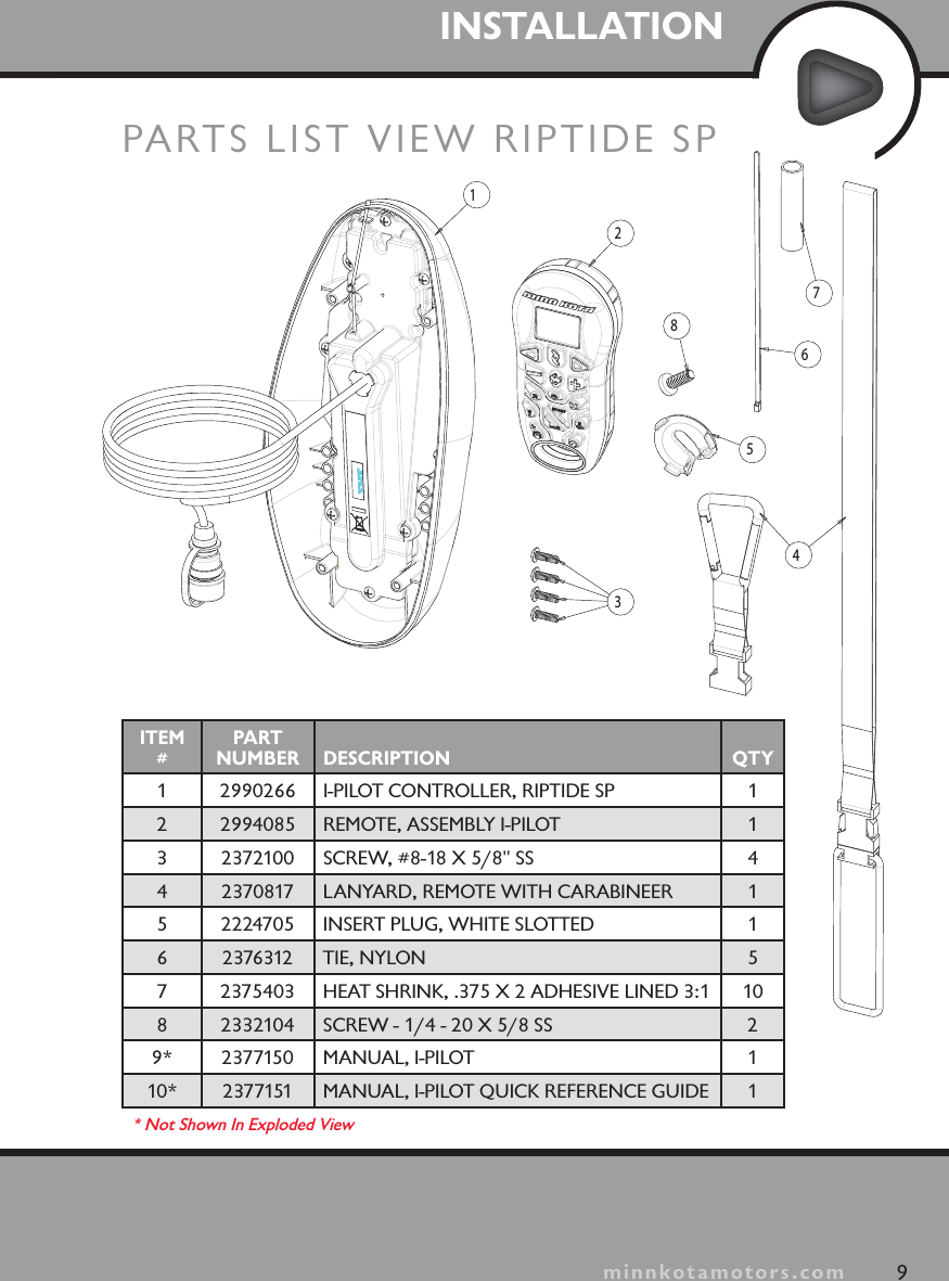 minnkotamotors.comINSTALLATION9minnkotamotors.com23456781PARTS LIST VIEW RIPTIDE SPITEM#PART NUMBER DESCRIPTION QTY1 2990266 I-PILOT CONTROLLER, RIPTIDE SP 12 2994085 REMOTE, ASSEMBLY I-PILOT 13 2372100 SCREW, #8-18 X 5/8&quot; SS 44 2370817 LANYARD, REMOTE WITH CARABINEER 15 2224705 INSERT PLUG, WHITE SLOTTED 16 2376312 TIE, NYLON 57 2375403 HEAT SHRINK, .375 X 2 ADHESIVE LINED 3:1 108 2332104 SCREW - 1/4 - 20 X 5/8 SS 29* 2377150 MANUAL, I-PILOT 110* 2377151 MANUAL, I-PILOT QUICK REFERENCE GUIDE 1* Not Shown In Exploded View