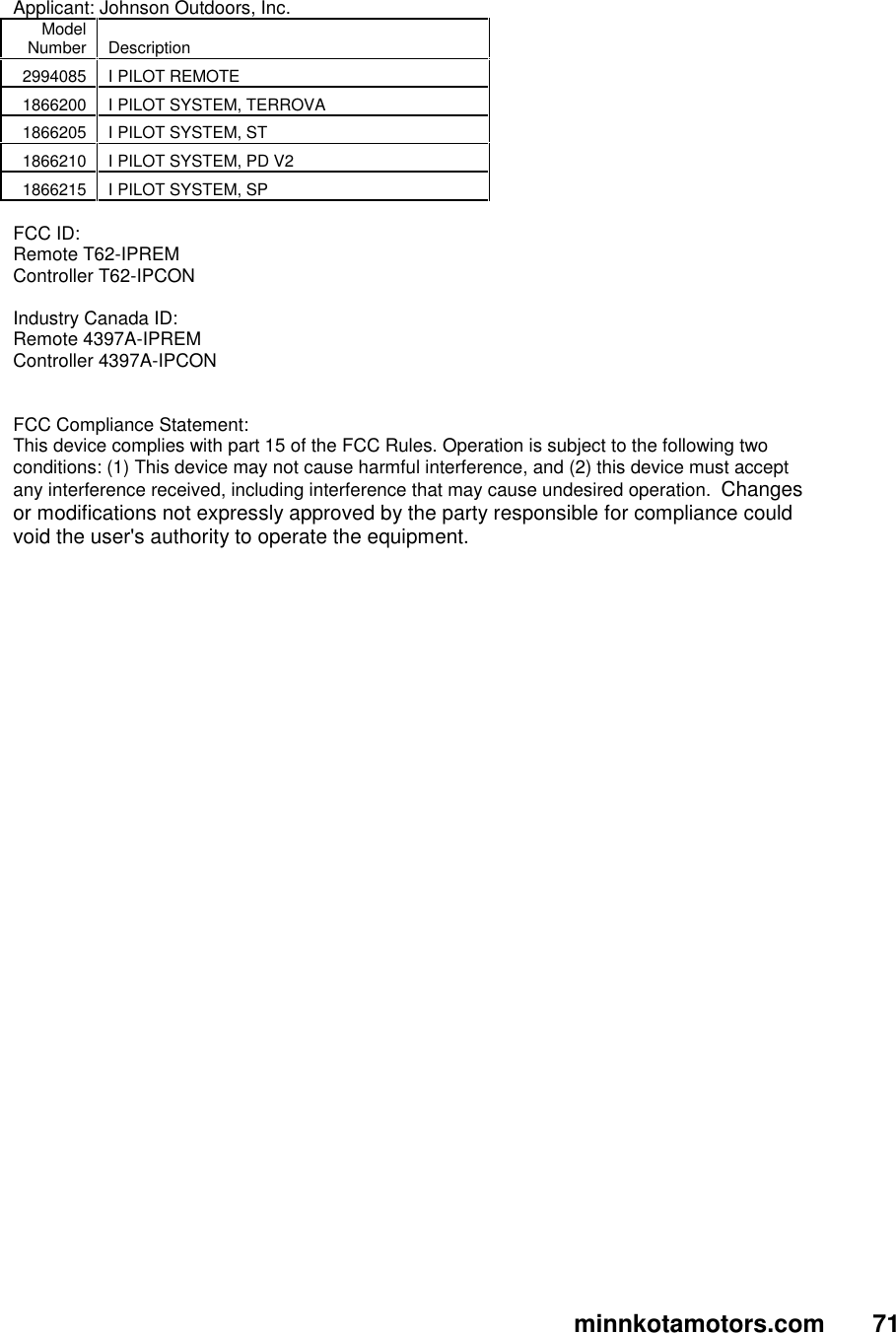 minnkotamotors.com       71    Applicant: Johnson Outdoors, Inc. Model Number  Description 2994085  I PILOT REMOTE 1866200  I PILOT SYSTEM, TERROVA 1866205  I PILOT SYSTEM, ST 1866210  I PILOT SYSTEM, PD V2 1866215  I PILOT SYSTEM, SP  FCC ID: Remote T62-IPREM                                             Controller T62-IPCON  Industry Canada ID: Remote 4397A-IPREM                                        Controller 4397A-IPCON   FCC Compliance Statement: This device complies with part 15 of the FCC Rules. Operation is subject to the following two  conditions: (1) This device may not cause harmful interference, and (2) this device must accept  any interference received, including interference that may cause undesired operation.  Changes  or modifications not expressly approved by the party responsible for compliance could  void the user&apos;s authority to operate the equipment.   