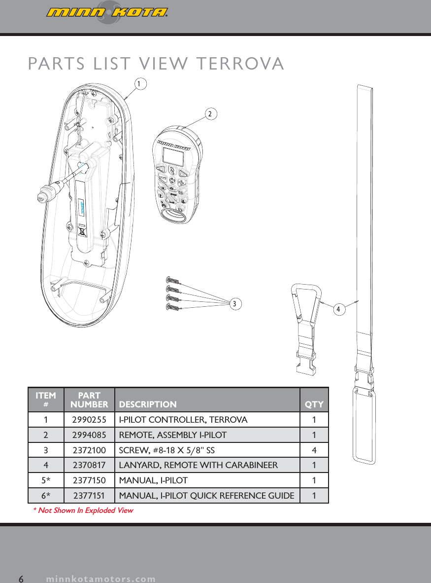 6minnkotamotors.comPARTS LIST VIEW TERROVA2341ITEM#PART NUMBER DESCRIPTION QTY1 2990255 I-PILOT CONTROLLER, TERROVA 12 2994085 REMOTE, ASSEMBLY I-PILOT 13 2372100 SCREW, #8-18 X 5/8&quot; SS 44 2370817 LANYARD, REMOTE WITH CARABINEER 15* 2377150 MANUAL, I-PILOT 16* 2377151 MANUAL, I-PILOT QUICK REFERENCE GUIDE 1* Not Shown In Exploded View