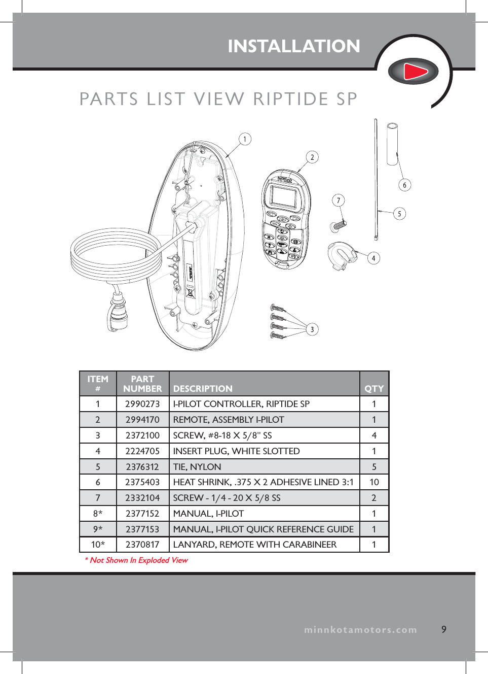 minnkotamotors.comINSTALLATION9minnkotamotors.comPARTS LIST VIEW RIPTIDE SPITEM#PART NUMBER DESCRIPTION QTY1 2990273 I-PILOT CONTROLLER, RIPTIDE SP 12 2994170 REMOTE, ASSEMBLY I-PILOT 13 2372100 SCREW, #8-18 X 5/8" SS 44 2224705 INSERT PLUG, WHITE SLOTTED 15 2376312 TIE, NYLON 56 2375403 HEAT SHRINK, .375 X 2 ADHESIVE LINED 3:1 107 2332104 SCREW - 1/4 - 20 X 5/8 SS 28* 2377152 MANUAL, I-PILOT 19* 2377153 MANUAL, I-PILOT QUICK REFERENCE GUIDE 110* 2370817 LANYARD, REMOTE WITH CARABINEER 1* Not Shown In Exploded View
