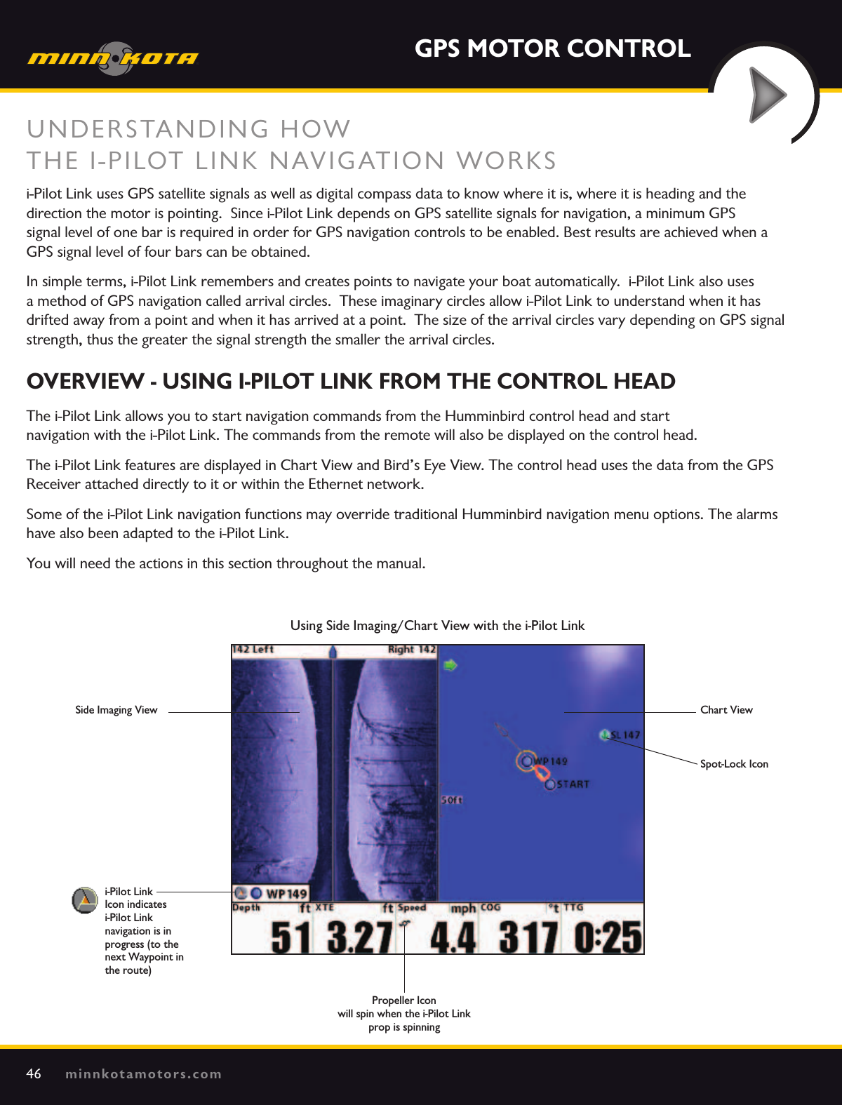 GPS Motor Controlminnkotamotors.com46UNDERSTANDING HOW  THE I-PILOT LINK NAVIGATION WORKSi-Pilot Link uses GPS satellite signals as well as digital compass data to know where it is, where it is heading and the  direction the motor is pointing.  Since i-Pilot Link depends on GPS satellite signals for navigation, a minimum GPS  signal level of one bar is required in order for GPS navigation controls to be enabled. Best results are achieved when a GPS signal level of four bars can be obtained.In simple terms, i-Pilot Link remembers and creates points to navigate your boat automatically.  i-Pilot Link also uses a method of GPS navigation called arrival circles.  These imaginary circles allow i-Pilot Link to understand when it has drifted away from a point and when it has arrived at a point.  The size of the arrival circles vary depending on GPS signal strength, thus the greater the signal strength the smaller the arrival circles.overview - USinG i-Pilot link froM the Control headThe i-Pilot Link allows you to start navigation commands from the Humminbird control head and start  navigation with the i-Pilot Link. The commands from the remote will also be displayed on the control head. The i-Pilot Link features are displayed in Chart View and Bird’s Eye View. The control head uses the data from the GPS Receiver attached directly to it or within the Ethernet network. Some of the i-Pilot Link navigation functions may override traditional Humminbird navigation menu options. The alarms have also been adapted to the i-Pilot Link. You will need the actions in this section throughout the manual. Using Side Imaging/Chart View with the i-Pilot Linki-Pilot Link  Icon indicates  i-Pilot Link  navigation is in progress (to the next Waypoint in  the route)Side Imaging View Chart ViewSpot-Lock IconPropeller Icon will spin when the i-Pilot Link  prop is spinning