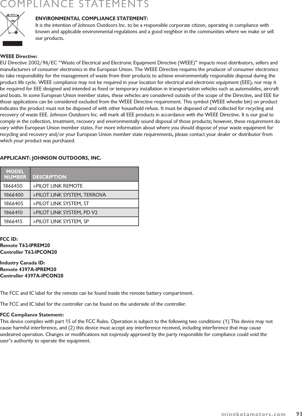 93minnkotamotors.comCOMPLIANCE STATEMENTS  ENVIRONMENTAL COMPLIANCE STATEMENT: It is the intention of Johnson Outdoors Inc. to be a responsible corporate citizen, operating in compliance with known and applicable environmental regulations and a good neighbor in the communities where we make or sell  our products. WEEE Directive: EU Directive 2002/96/EC “Waste of Electrical and Electronic Equipment Directive (WEEE)” impacts most distributors, sellers and manufacturers of consumer electronics in the European Union. The WEEE Directive requires the producer of consumer electronics to take responsibility for the management of waste from their products to achieve environmentally responsible disposal during the product life cycle. WEEE compliance may not be required in your location for electrical and electronic equipment (EEE), nor may it be required for EEE designed and intended as ﬁxed or temporary installation in transportation vehicles such as automobiles, aircraft and boats. In some European Union member states, these vehicles are considered outside of the scope of the Directive, and EEE for those applications can be considered excluded from the WEEE Directive requirement. This symbol (WEEE wheelie bin) on product indicates the product must not be disposed of with other household refuse. It must be disposed of and collected for recycling and recovery of waste EEE. Johnson Outdoors Inc. will mark all EEE products in accordance with the WEEE Directive. It is our goal to comply in the collection, treatment, recovery and environmentally sound disposal of those products; however, these requirement do vary within European Union member states. For more information about where you should dispose of your waste equipment for recycling and recovery and/or your European Union member state requirements, please contact your dealer or distributor from which your product was purchased.APPLICANT: JOHNSON OUTDOORS, INC.MODEL  NUMBER DESCRIPTION1866450 i-PILOT LINK REMOTE1866400 i-PILOT LINK SYSTEM, TERROVA1866405 i-PILOT LINK SYSTEM, ST1866410 i-PILOT LINK SYSTEM, PD V21866415 i-PILOT LINK SYSTEM, SPFCC ID: Remote T62-IPREM20 Controller T62-IPCON20Industry Canada ID: Remote 4397A-IPREM20 Controller 4397A-IPCON20The FCC and IC label for the remote can be found inside the remote battery compartment.  The FCC and IC label for the controller can be found on the underside of the controller.FCC Compliance Statement: This device complies with part 15 of the FCC Rules. Operation is subject to the following two conditions: (1) This device may not cause harmful interference, and (2) this device must accept any interference received, including interference that may cause  undesired operation. Changes or modiﬁcations not expressly approved by the party responsible for compliance could void the  user’s authority to operate the equipment.