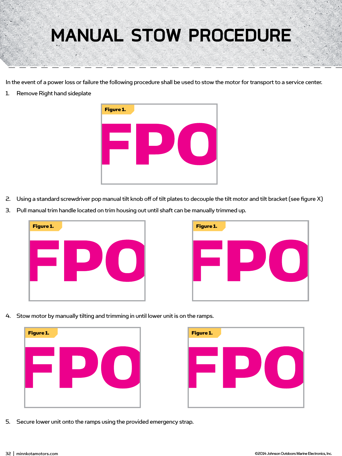 Figure 1.Figure 1.Figure 1.Figure 1.Figure 1.32  |  minnkotamotors.com ©2014 Johnson Outdoors Marine Electronics, Inc.mAnUAL sTow PRoCEdUREIn the event of a power loss or failure the following procedure shall be used to stow the motor for transport to a service center.  1.  Remove Right hand sideplate2.  Using a standard screwdriver pop manual tilt knob oﬀ of tilt plates to decouple the tilt motor and tilt bracket (see ﬁgure X)3.  Pull manual trim handle located on trim housing out until shaft can be manually trimmed up.  4.  Stow motor by manually tilting and trimming in until lower unit is on the ramps.  5.  Secure lower unit onto the ramps using the provided emergency strap.