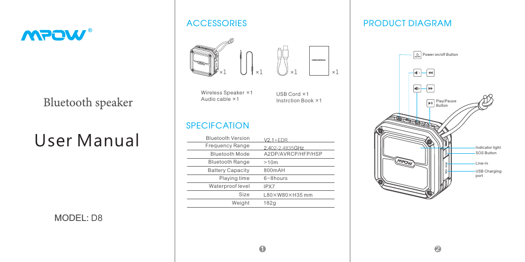 MODEL: D8User ManualBluetooth speaker1ACCESSORIES&times;1USE R MANUA L&times;1&times;1 &times;1USB Cord &times;1Instrction Book &times;1Wireless Speaker &times;1Audio cable &times;1SPECIFCATIONBluetooth VersionFrequency RangeBluetooth ModeBluetooth RangeBattery CapacityPlaying timeWaterproof levelSizeV2.1+EDR2.402-2.4835GHzA2DP/AVRCP/HFP/HSP>10m800mAH6~8hoursIPX7L80&times;W80&times;H35 mmWeight 182gPRODUCT DIAGRAMPower on/off ButtonPlay/Pause ButtonSOS ButtonLine-inUSB Charging portIndicator light2