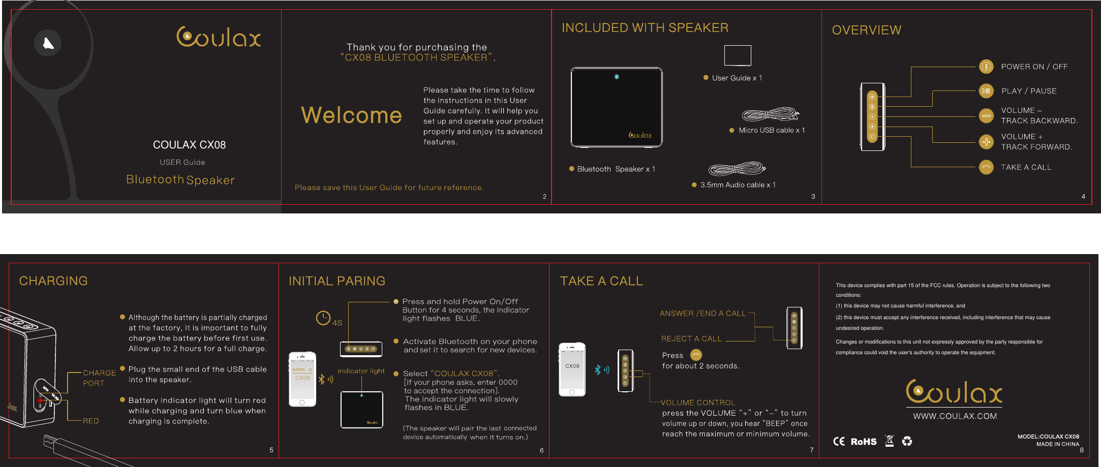 la43578COULAX CX08This device complies with part 15 of the FCC rules. Operation is subject to the following twoconditions:(1) this device may not cause harmful interference, and(2) this device must accept any interference received, including interference that may causeundesired operation.Changes or modifications to this unit not expressly approved by the party responsible forcompliance could void the user's authority to operate the equipment.