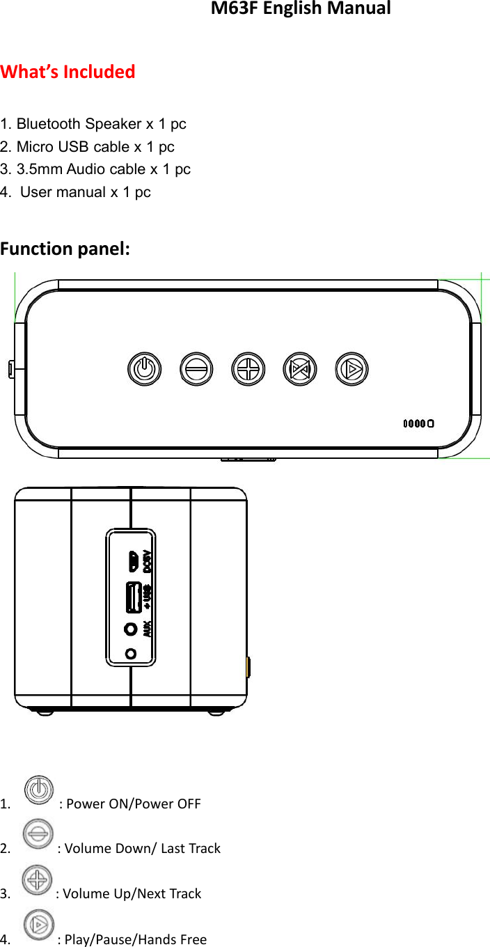 M63F English ManualWhat&rsquo;s Included1. Bluetooth Speaker x 1 pc2. Micro USB cable x 1 pc3. 3.5mm Audio cable x 1 pc4. User manual x 1 pcFunction panel:1. : Power ON/Power OFF2. : Volume Down/ Last Track3. : Volume Up/Next Track4. : Play/Pause/Hands Free