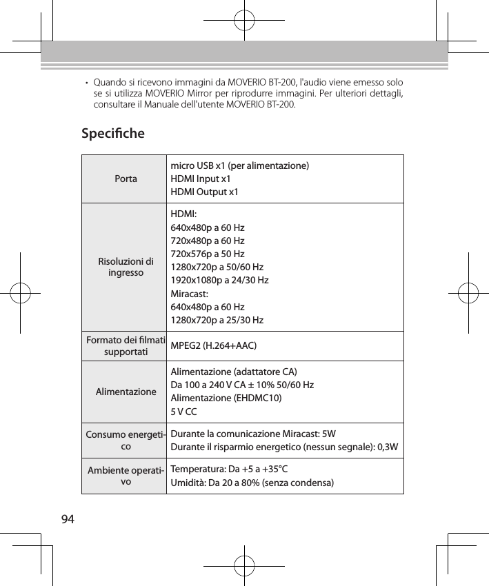 94Portamicro USB x1 (per alimentazione)HDMI Input x1HDMI Output x1Risoluzioni di ingressoHDMI:640x480p a 60 Hz720x480p a 60 Hz720x576p a 50 Hz1280x720p a 50/60 Hz1920x1080p a 24/30 HzMiracast:640x480p a 60 Hz1280x720p a 25/30 HzFormato dei lmati supportati MPEG2 (H.264+AAC)AlimentazioneAlimentazione (adattatore CA)Da 100 a 240 V CA ± 10% 50/60 HzAlimentazione (EHDMC10)5 V CCConsumo energeti-coDurante la comunicazione Miracast: 5WDurante il risparmio energetico (nessun segnale): 0,3W Ambiente operati-voTemperatura: Da +5 a +35°CUmidità: Da 20 a 80% (senza condensa)Speciche• Quando si ricevono immagini da MOVERIO BT-200, l&apos;audio viene emesso solo se si utilizza MOVERIO Mirror per riprodurre immagini. Per ulteriori dettagli, consultare il Manuale dell&apos;utente MOVERIO BT-200.
