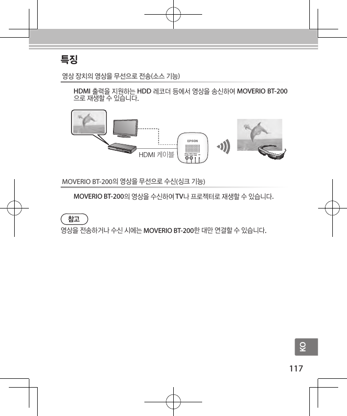 KO117영상 장치의 영상을 무선으로 전송(소스 기능)HDMI 출력을 지원하는 HDD 레코더 등에서 영상을 송신하여 MOVERIO BT-200으로 재생할 수 있습니다.Wireless/Pass-ThruWirelessConnectWirelessReady LinkMOVERIO BT-200의 영상을 무선으로 수신(싱크 기능)MOVERIO BT-200의 영상을 수신하여 TV나 프로젝터로 재생할 수 있습니다.특징HDMI 케이블 참고영상을 전송하거나 수신 시에는 MOVERIO BT-200한 대만 연결할 수 있습니다.