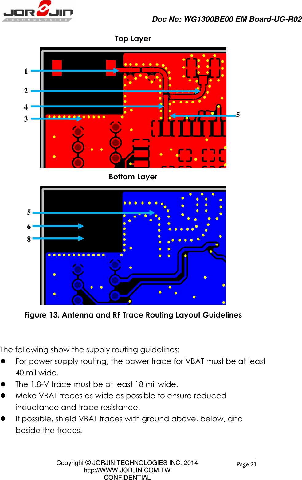                     Doc No: WG1300BE00 EM Board-UG-R02                                                                                        Copyright © JORJIN TECHNOLOGIES INC. 2014 http://WWW.JORJIN.COM.TW CONFIDENTIAL Page 21 Top Layer  Bottom Layer  Figure 13. Antenna and RF Trace Routing Layout Guidelines   The following show the supply routing guidelines:  For power supply routing, the power trace for VBAT must be at least 40 mil wide.  The 1.8-V trace must be at least 18 mil wide.  Make VBAT traces as wide as possible to ensure reduced inductance and trace resistance.  If possible, shield VBAT traces with ground above, below, and beside the traces.  1 2 3 4 5 5 6 8 