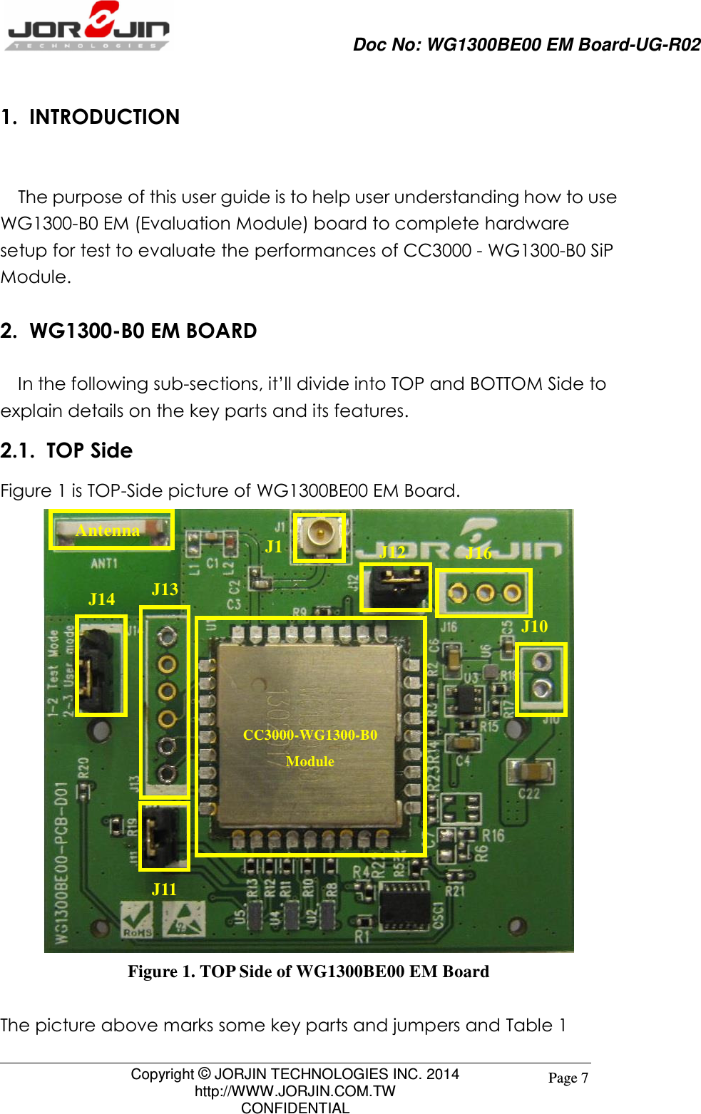                     Doc No: WG1300BE00 EM Board-UG-R02                                                                                        Copyright © JORJIN TECHNOLOGIES INC. 2014 http://WWW.JORJIN.COM.TW CONFIDENTIAL Page 7 1.  INTRODUCTION    The purpose of this user guide is to help user understanding how to use WG1300-B0 EM (Evaluation Module) board to complete hardware setup for test to evaluate the performances of CC3000 - WG1300-B0 SiP Module. 2.  WG1300-B0 EM BOARD   In the following sub-sections, it’ll divide into TOP and BOTTOM Side to explain details on the key parts and its features.   2.1.  TOP Side Figure 1 is TOP-Side picture of WG1300BE00 EM Board.  Figure 1. TOP Side of WG1300BE00 EM Board  The picture above marks some key parts and jumpers and Table 1 J10 J14 J16 J13 J1 Antenna CC3000-WG1300-B0 Module J11 J12 