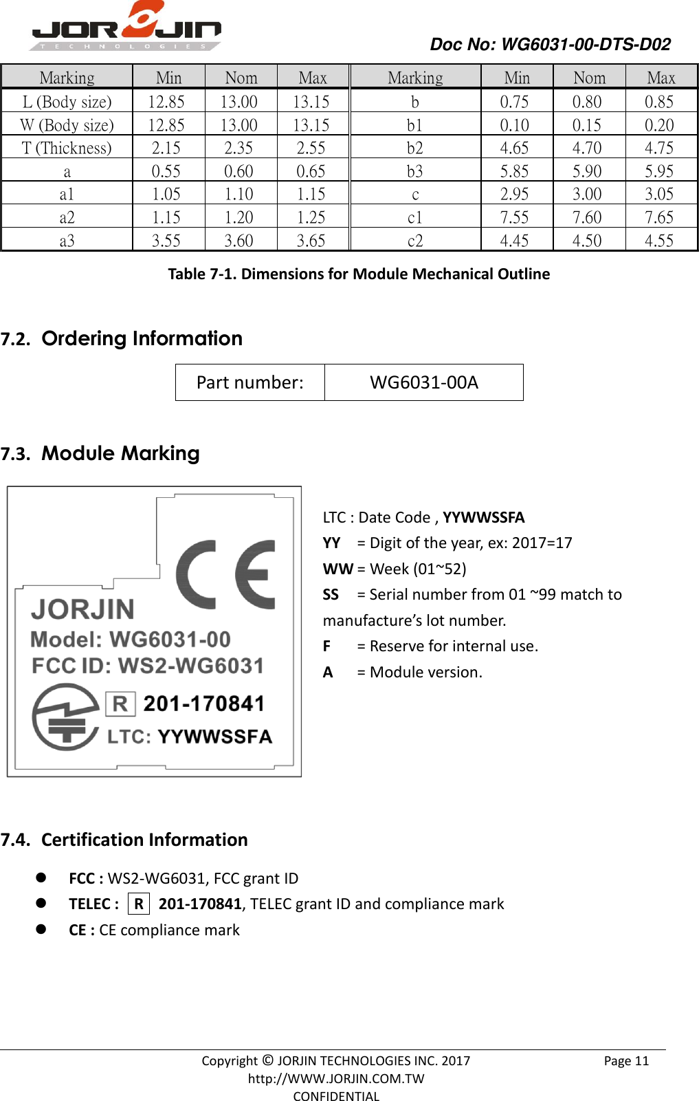                Doc No: WG6031-00-DTS-D02                                                                                               Copyright © JORJIN TECHNOLOGIES INC. 2017 http://WWW.JORJIN.COM.TW CONFIDENTIAL Page 11 Marking Min Nom Max Marking Min Nom MaxL (Body size) 12.85 13.00 13.15 b 0.75 0.80 0.85W (Body size) 12.85 13.00 13.15 b1 0.10 0.15 0.20T (Thickness) 2.15 2.35 2.55 b2 4.65 4.70 4.75a 0.55 0.60 0.65 b3 5.85 5.90 5.95a1 1.05 1.10 1.15 c 2.95 3.00 3.05a2 1.15 1.20 1.25 c1 7.55 7.60 7.65a3 3.55 3.60 3.65 c2 4.45 4.50 4.55 Table 7-1. Dimensions for Module Mechanical Outline  7.2.  Ordering Information Part number: WG6031-00A  7.3.  Module Marking  LTC : Date Code , YYWWSSFA YY  = Digit of the year, ex: 2017=17 WW = Week (01~52) SS  = Serial number from 01 ~99 match to manufacture’s lot number. F  = Reserve for internal use. A  = Module version.      7.4.  Certification Information  FCC : WS2-WG6031, FCC grant ID  TELEC :   R  201-170841, TELEC grant ID and compliance mark  CE : CE compliance mark    
