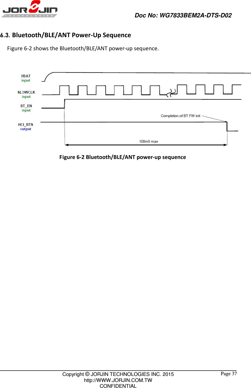                                                   Doc No: WG7833BEM2A-DTS-D02                                                                                                 Copyright © JORJIN TECHNOLOGIES INC. 2015 http://WWW.JORJIN.COM.TW CONFIDENTIAL  Page 37 6.3. Bluetooth/BLE/ANT Power-Up Sequence Figure 6-2 shows the Bluetooth/BLE/ANT power-up sequence.  Figure 6-2 Bluetooth/BLE/ANT power-up sequence   