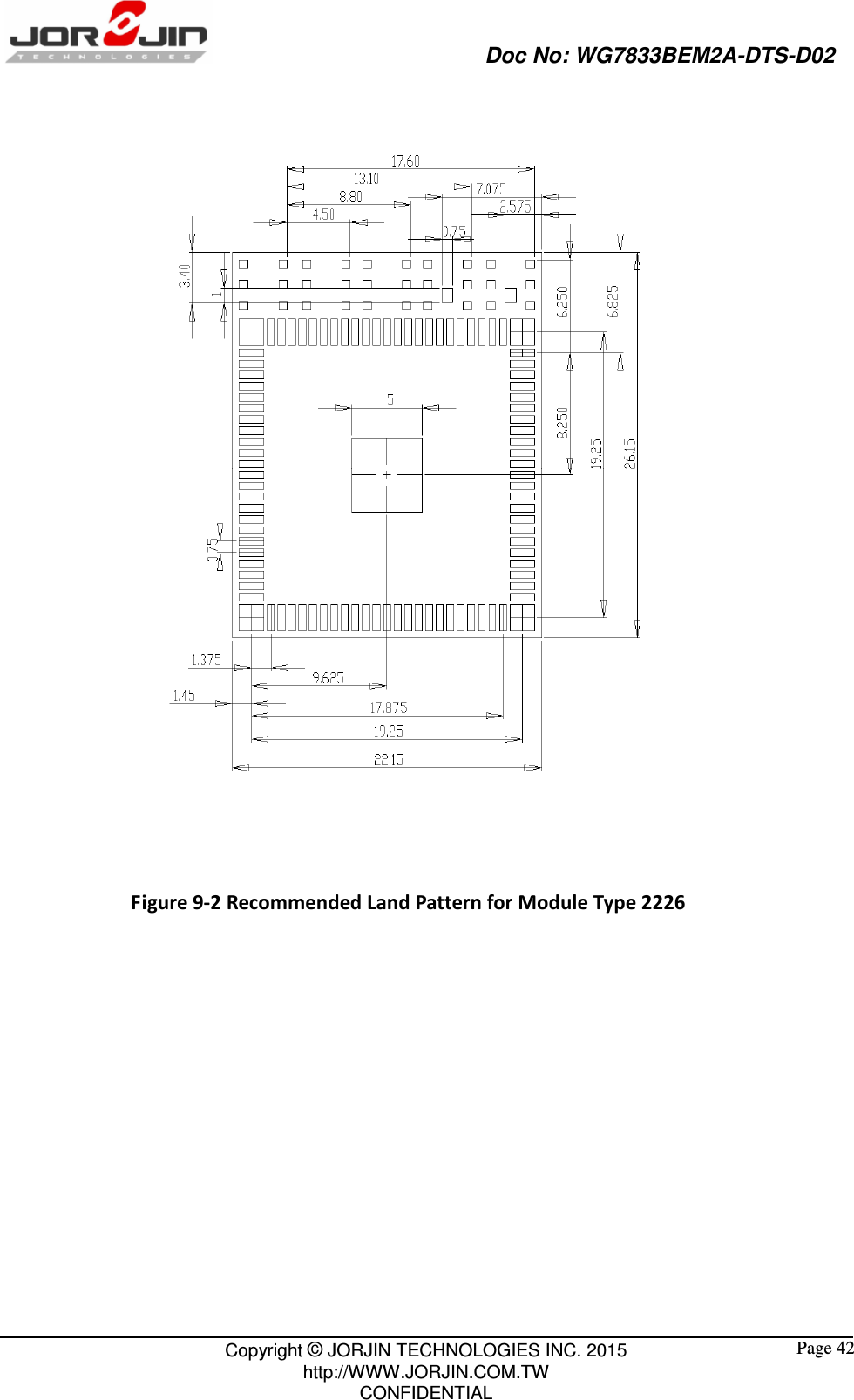                                                   Doc No: WG7833BEM2A-DTS-D02                                                                                                 Copyright © JORJIN TECHNOLOGIES INC. 2015 http://WWW.JORJIN.COM.TW CONFIDENTIAL  Page 42   Figure 9-2 Recommended Land Pattern for Module Type 2226              