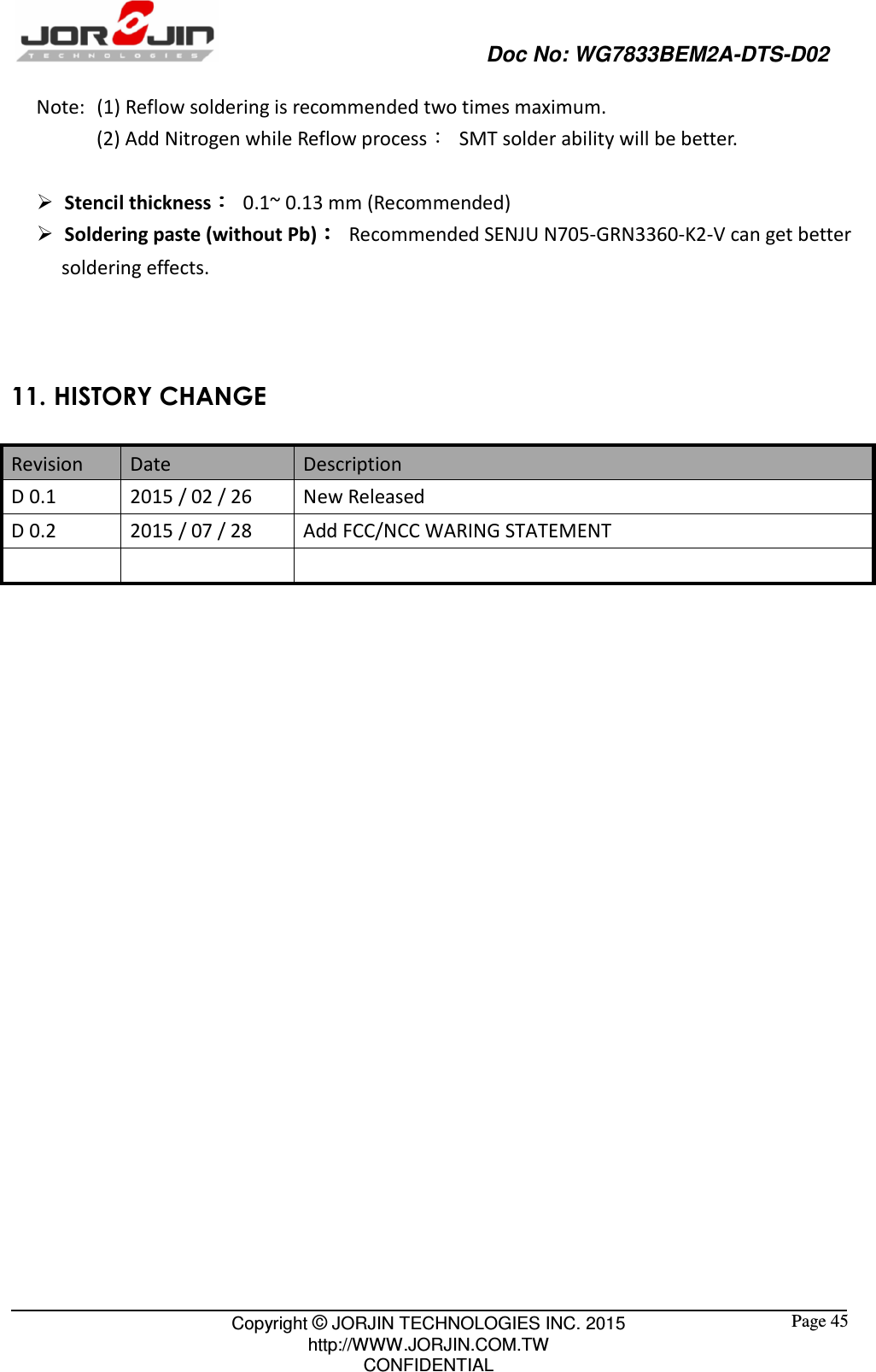                                                   Doc No: WG7833BEM2A-DTS-D02                                                                                                 Copyright © JORJIN TECHNOLOGIES INC. 2015 http://WWW.JORJIN.COM.TW CONFIDENTIAL  Page 45 Note:   (1) Reflow soldering is recommended two times maximum. (2) Add Nitrogen while Reflow process：  SMT solder ability will be better.     Stencil thickness：：：：  0.1~ 0.13 mm (Recommended)    Soldering paste (without Pb)：：：：  Recommended SENJU N705-GRN3360-K2-V can get better soldering effects.   11. HISTORY CHANGE Revision  Date  Description D 0.1  2015 / 02 / 26  New Released D 0.2  2015 / 07 / 28  Add FCC/NCC WARING STATEMENT                            