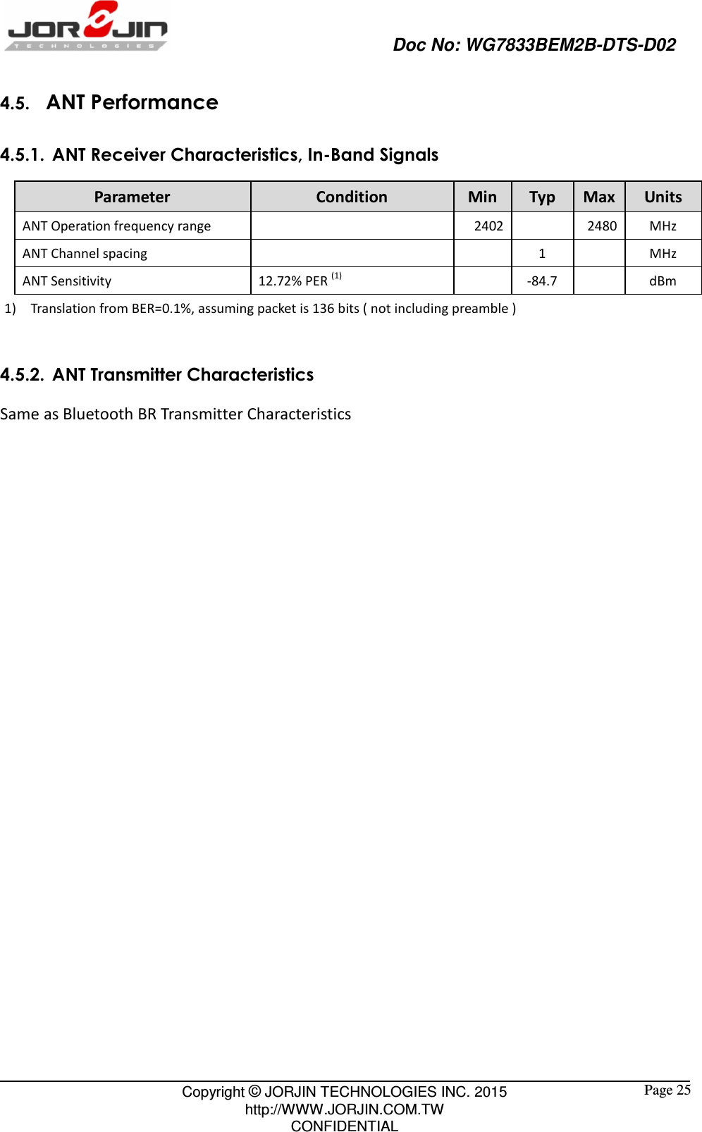                                                   Doc No: WG7833BEM2B-DTS-D02                                                                                                 Copyright © JORJIN TECHNOLOGIES INC. 2015 http://WWW.JORJIN.COM.TW CONFIDENTIAL  Page 25 4.5.   ANT Performance 4.5.1. ANT Receiver Characteristics, In-Band Signals Parameter  Condition  Min  Typ  Max Units ANT Operation frequency range       2402    2480 MHz ANT Channel spacing          1     MHz ANT Sensitivity  12.72% PER (1)     -84.7     dBm 1) Translation from BER=0.1%, assuming packet is 136 bits ( not including preamble )  4.5.2. ANT Transmitter Characteristics Same as Bluetooth BR Transmitter Characteristics    