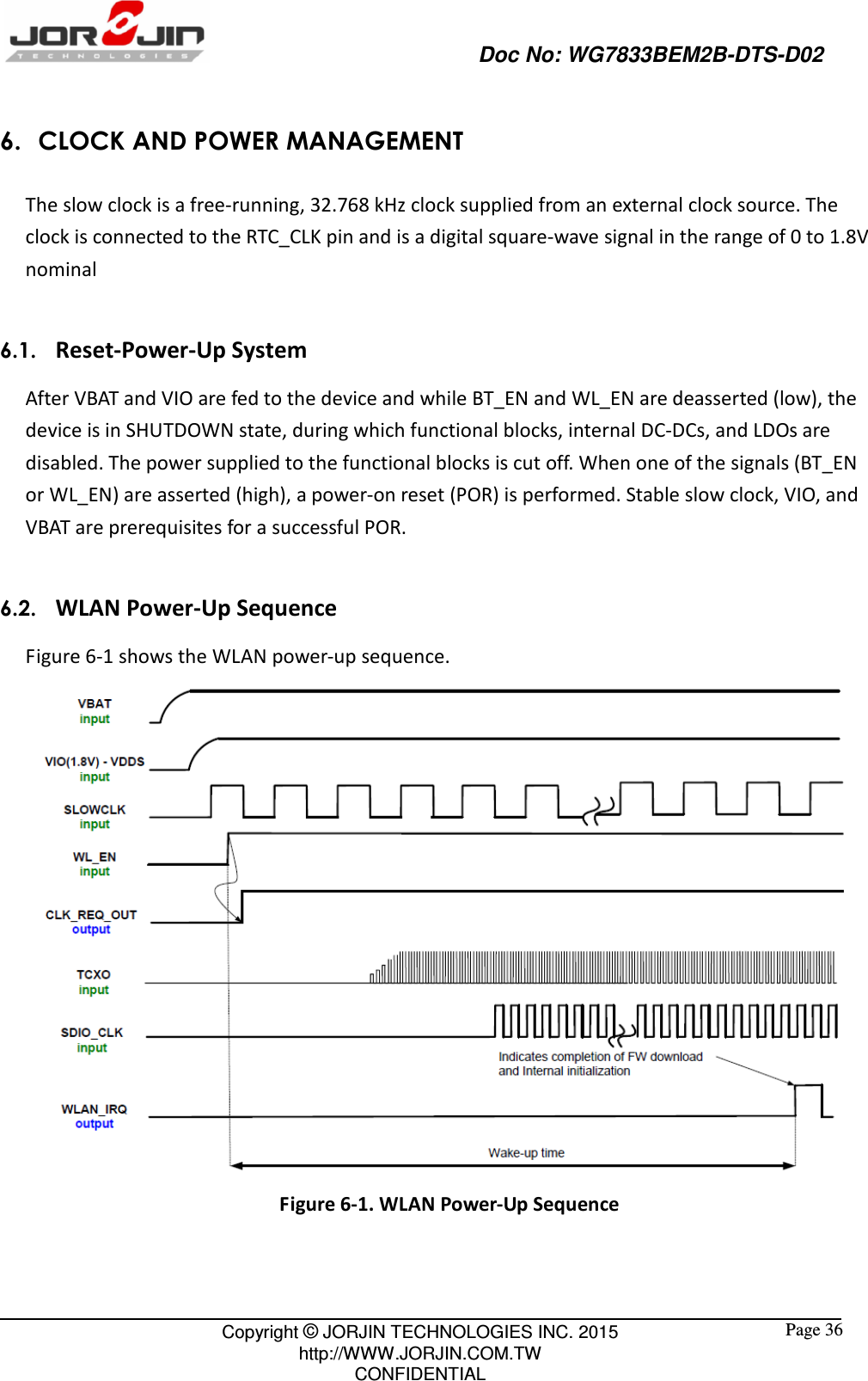                                                   Doc No: WG7833BEM2B-DTS-D02                                                                                                 Copyright © JORJIN TECHNOLOGIES INC. 2015 http://WWW.JORJIN.COM.TW CONFIDENTIAL  Page 36 6. CLOCK AND POWER MANAGEMENT The slow clock is a free-running, 32.768 kHz clock supplied from an external clock source. The clock is connected to the RTC_CLK pin and is a digital square-wave signal in the range of 0 to 1.8V nominal  6.1.   Reset-Power-Up System After VBAT and VIO are fed to the device and while BT_EN and WL_EN are deasserted (low), the device is in SHUTDOWN state, during which functional blocks, internal DC-DCs, and LDOs are disabled. The power supplied to the functional blocks is cut off. When one of the signals (BT_EN or WL_EN) are asserted (high), a power-on reset (POR) is performed. Stable slow clock, VIO, and VBAT are prerequisites for a successful POR.  6.2.   WLAN Power-Up Sequence Figure 6-1 shows the WLAN power-up sequence.  Figure 6-1. WLAN Power-Up Sequence   