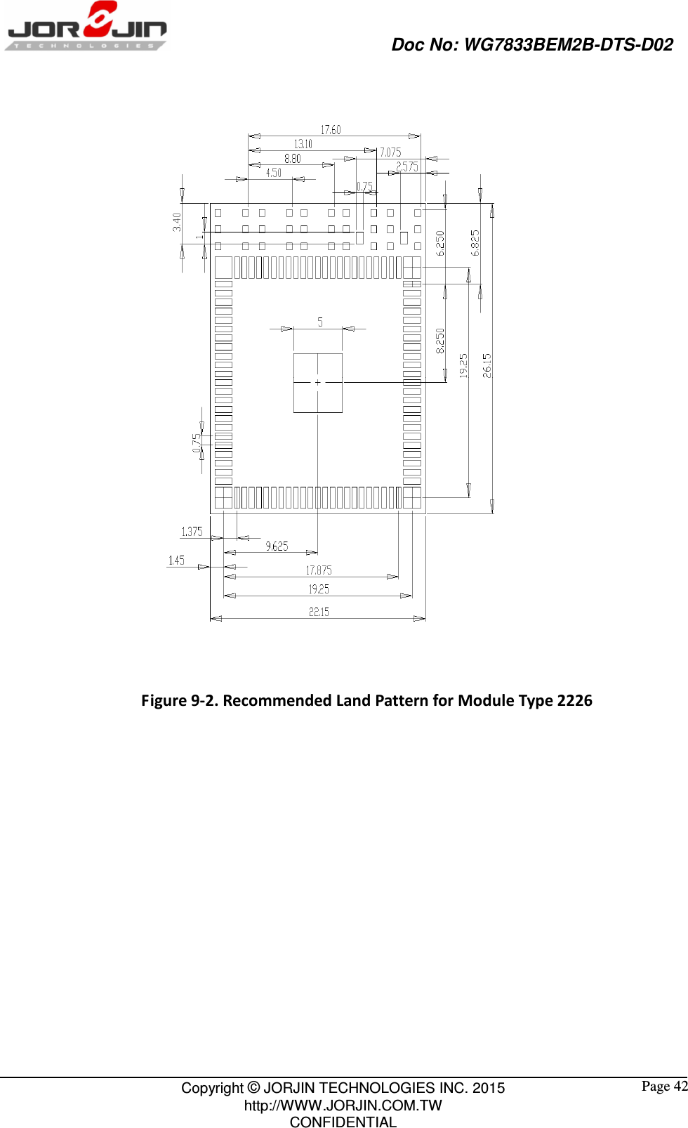                                                   Doc No: WG7833BEM2B-DTS-D02                                                                                                 Copyright © JORJIN TECHNOLOGIES INC. 2015 http://WWW.JORJIN.COM.TW CONFIDENTIAL  Page 42  Figure 9-2. Recommended Land Pattern for Module Type 2226               