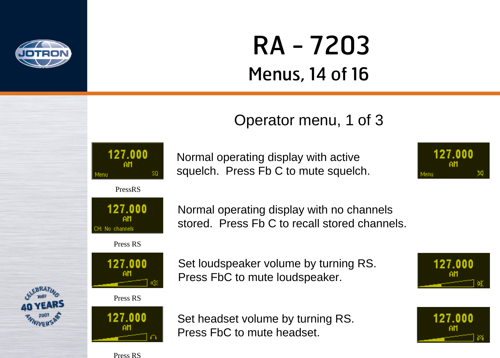 RA - 7203Menus, 14 of 16Operator menu, 1 of 3PressRSPress RSPress RSNormal operating display with active squelch.  Press Fb C to mute squelch.Normal operating display with no channels stored.  Press Fb C to recall stored channels.Set loudspeaker volume by turning RS. Press FbC to mute loudspeaker.Set headset volume by turning RS. Press FbC to mute headset.Press RS