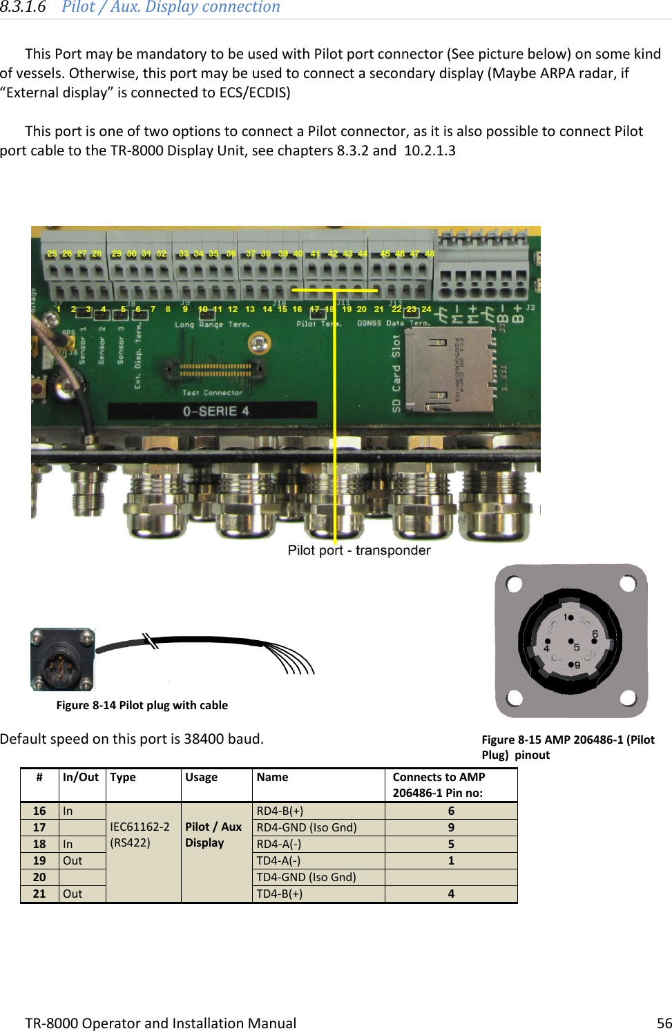 TR-8000 Operator and Installation Manual    56  8.3.1.6 Pilot / Aux. Display connection  This Port may be mandatory to be used with Pilot port connector (See picture below) on some kind of vessels. Otherwise, this port may be used to connect a secondary display (Maybe ARPA radar, if “External display” is connected to ECS/ECDIS)  This port is one of two options to connect a Pilot connector, as it is also possible to connect Pilot port cable to the TR-8000 Display Unit, see chapters 8.3.2 and  10.2.1.3                             Default speed on this port is 38400 baud.        # In/Out Type Usage Name Connects to AMP 206486-1 Pin no: 16 In  IEC61162-2 (RS422)  Pilot / Aux Display RD4-B(+) 6 17  RD4-GND (Iso Gnd) 9 18 In RD4-A(-) 5 19 Out TD4-A(-) 1 20  TD4-GND (Iso Gnd)  21 Out TD4-B(+) 4 Figure 8-15 AMP 206486-1 (Pilot Plug)  pinout Figure 8-14 Pilot plug with cable 