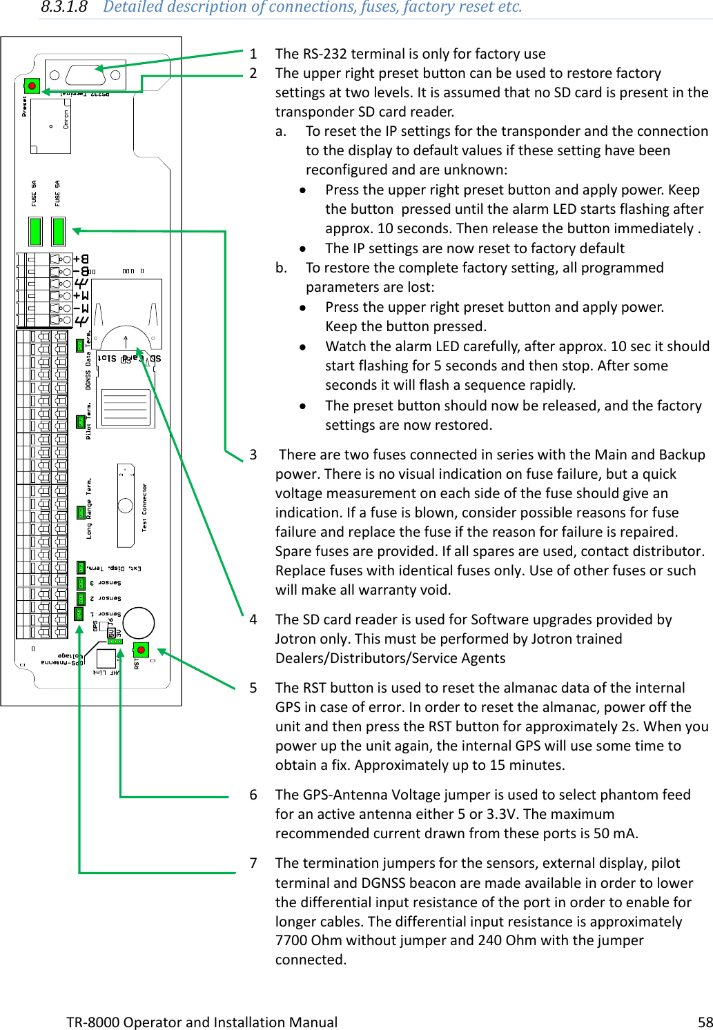 TR-8000 Operator and Installation Manual    58  8.3.1.8 Detailed description of connections, fuses, factory reset etc.  1 The RS-232 terminal is only for factory use 2 The upper right preset button can be used to restore factory settings at two levels. It is assumed that no SD card is present in the transponder SD card reader. a. To reset the IP settings for the transponder and the connection to the display to default values if these setting have been reconfigured and are unknown:  Press the upper right preset button and apply power. Keep the button  pressed until the alarm LED starts flashing after approx. 10 seconds. Then release the button immediately .  The IP settings are now reset to factory default b. To restore the complete factory setting, all programmed parameters are lost:  Press the upper right preset button and apply power.  Keep the button pressed.  Watch the alarm LED carefully, after approx. 10 sec it should start flashing for 5 seconds and then stop. After some seconds it will flash a sequence rapidly.  The preset button should now be released, and the factory settings are now restored.  3  There are two fuses connected in series with the Main and Backup power. There is no visual indication on fuse failure, but a quick voltage measurement on each side of the fuse should give an indication. If a fuse is blown, consider possible reasons for fuse failure and replace the fuse if the reason for failure is repaired. Spare fuses are provided. If all spares are used, contact distributor. Replace fuses with identical fuses only. Use of other fuses or such will make all warranty void.   4 The SD card reader is used for Software upgrades provided by Jotron only. This must be performed by Jotron trained Dealers/Distributors/Service Agents  5 The RST button is used to reset the almanac data of the internal GPS in case of error. In order to reset the almanac, power off the unit and then press the RST button for approximately 2s. When you power up the unit again, the internal GPS will use some time to obtain a fix. Approximately up to 15 minutes.  6 The GPS-Antenna Voltage jumper is used to select phantom feed for an active antenna either 5 or 3.3V. The maximum recommended current drawn from these ports is 50 mA.  7 The termination jumpers for the sensors, external display, pilot terminal and DGNSS beacon are made available in order to lower the differential input resistance of the port in order to enable for longer cables. The differential input resistance is approximately 7700 Ohm without jumper and 240 Ohm with the jumper connected.  