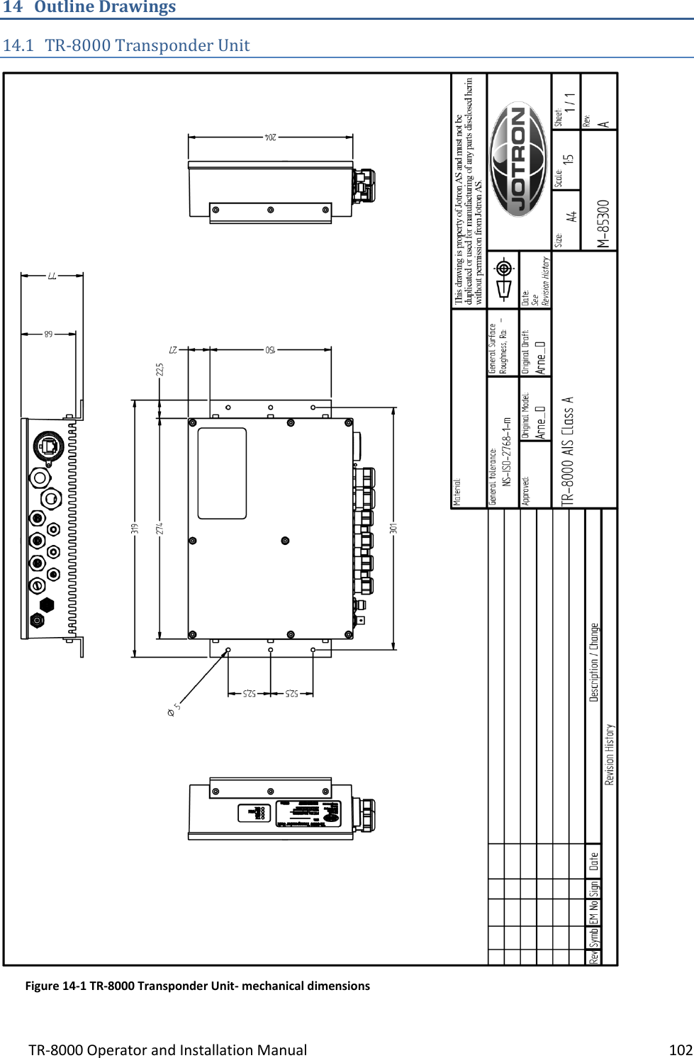TR-8000 Operator and Installation Manual    102  14 Outline Drawings 14.1 TR-8000 Transponder Unit     Figure 14-1 TR-8000 Transponder Unit- mechanical dimensions 