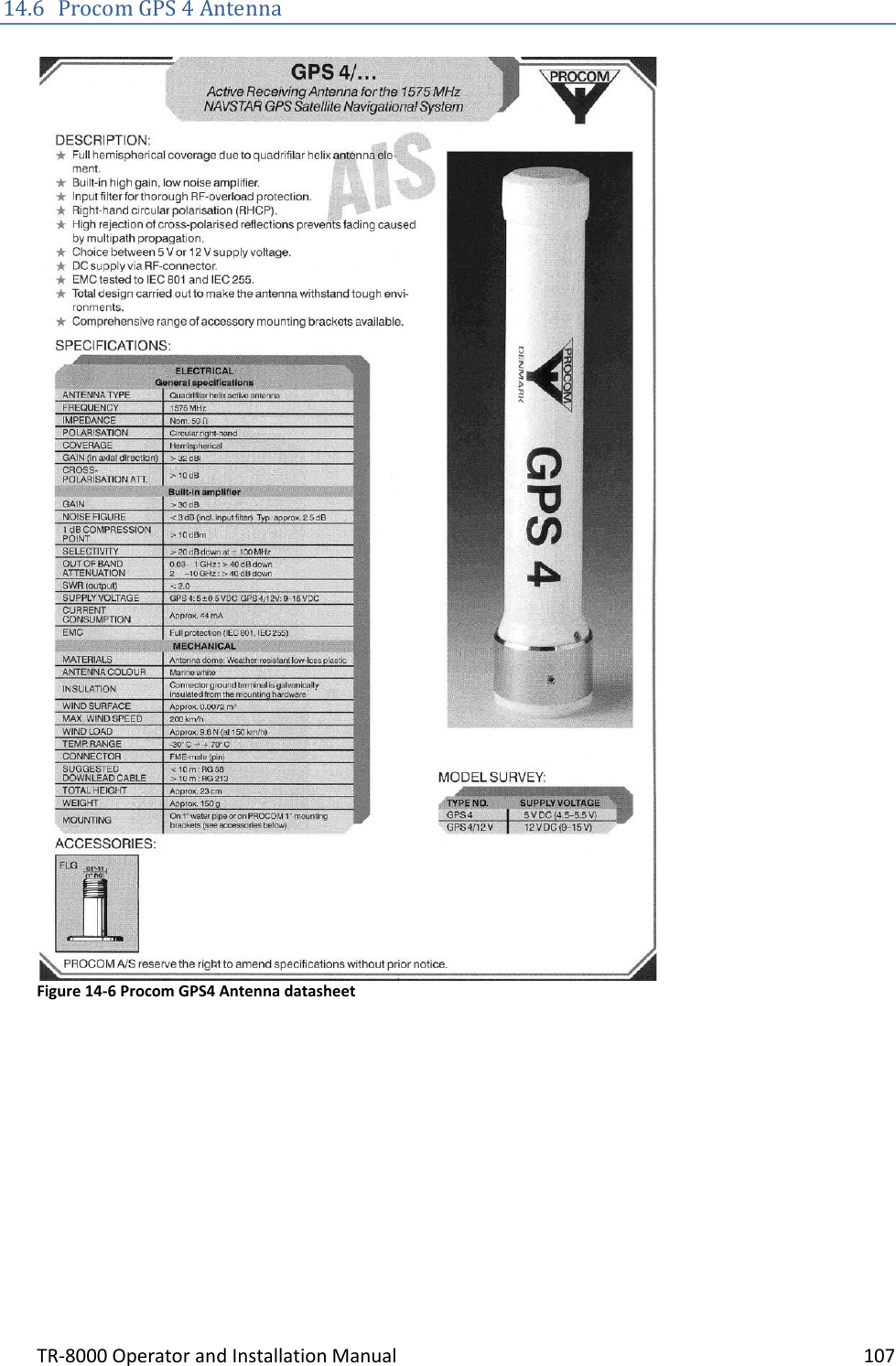 TR-8000 Operator and Installation Manual    107  14.6 Procom GPS 4 Antenna   Figure 14-6 Procom GPS4 Antenna datasheet    
