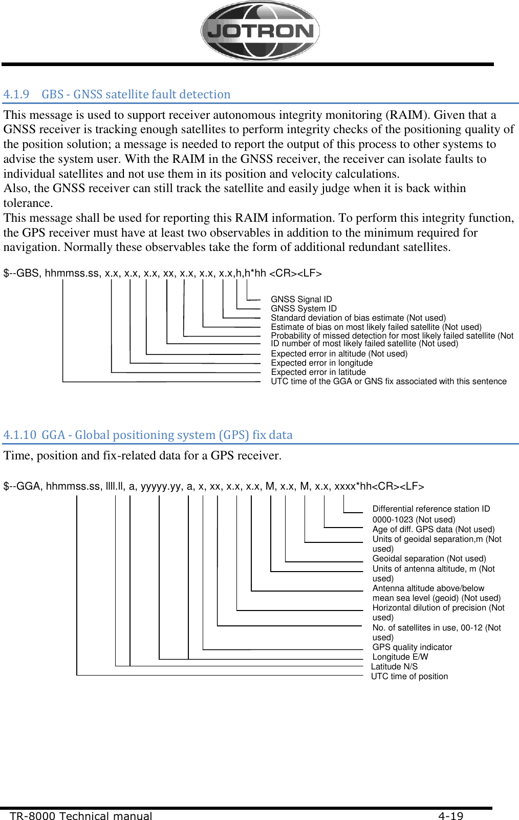     TR-8000 Technical manual                             4-19                                        4.1.9 GBS - GNSS satellite fault detection This message is used to support receiver autonomous integrity monitoring (RAIM). Given that a GNSS receiver is tracking enough satellites to perform integrity checks of the positioning quality of the position solution; a message is needed to report the output of this process to other systems to advise the system user. With the RAIM in the GNSS receiver, the receiver can isolate faults to individual satellites and not use them in its position and velocity calculations. Also, the GNSS receiver can still track the satellite and easily judge when it is back within tolerance. This message shall be used for reporting this RAIM information. To perform this integrity function, the GPS receiver must have at least two observables in addition to the minimum required for navigation. Normally these observables take the form of additional redundant satellites.  $--GBS, hhmmss.ss, x.x, x.x, x.x, xx, x.x, x.x, x.x,h,h*hh &lt;CR&gt;&lt;LF&gt;   4.1.10 GGA - Global positioning system (GPS) fix data Time, position and fix-related data for a GPS receiver.  $--GGA, hhmmss.ss, llll.ll, a, yyyyy.yy, a, x, xx, x.x, x.x, M, x.x, M, x.x, xxxx*hh&lt;CR&gt;&lt;LF&gt;  Differential reference station ID  0000-1023 (Not used) Age of diff. GPS data (Not used) Units of geoidal separation,m (Not used) Geoidal separation (Not used) Units of antenna altitude, m (Not used) Antenna altitude above/below mean sea level (geoid) (Not used) Horizontal dilution of precision (Not used) No. of satellites in use, 00-12 (Not used) GPS quality indicator Longitude E/W                                                                                                                                                            Latitude N/S                                                                                                                                                            UTC time of position   GNSS Signal ID GNSS System ID Standard deviation of bias estimate (Not used) ID number of most likely failed satellite (Not used) Estimate of bias on most likely failed satellite (Not used) Probability of missed detection for most likely failed satellite (Not used)  Expected error in altitude (Not used)  Expected error in longitude  Expected error in latitude  UTC time of the GGA or GNS fix associated with this sentence   