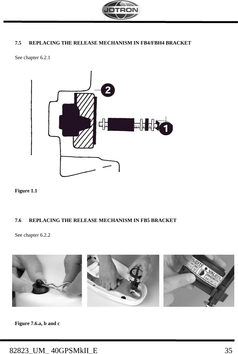    82823_UM_ 40GPSMkII_E                               35 7.5 REPLACING THE RELEASE MECHANISM IN FB4/FBH4 BRACKET See chapter 6.2.1              Figure 1.1  7.6 REPLACING THE RELEASE MECHANISM IN FB5 BRACKET See chapter 6.2.2         Figure 7.6.a, b and c  
