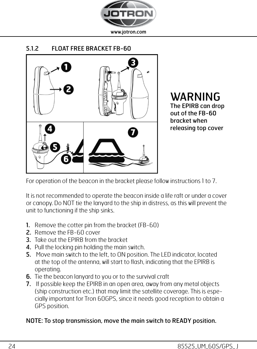 24www.jotron.com www.jotron.com85525_UM_60S/GPS_ J5.1.2  FLOAT FREE BRACKET FB-60 For operation of the beacon in the bracket please follow instructions 1 to 7.It is not recommended to operate the beacon inside a life raft or under a cover or canopy. Do NOT tie the lanyard to the ship in distress, as this will prevent the unit to functioning if the ship sinks.1.  Remove the cotter pin from the bracket (FB-60)2.  Remove the FB-60 cover3.  Take out the EPIRB from the bracket4.  Pull the locking pin holding the main switch.5.   Move main switch to the left, to ON position. The LED indicator, located at the top of the antenna, will start to ﬂash, indicating that the EPIRB is            operating.6.  Tie the beacon lanyard to you or to the survival craft7.   If possible keep the EPIRB in an open area, away from any metal objects (ship construction etc.) that may limit the satellite coverage. This is espe-cially important for Tron 60GPS, since it needs good reception to obtain a GPS position.NOTE: To stop transmission, move the main switch to READY position.WARNINGThe EPIRB can drop out of the FB-60bracket when releasing top cover