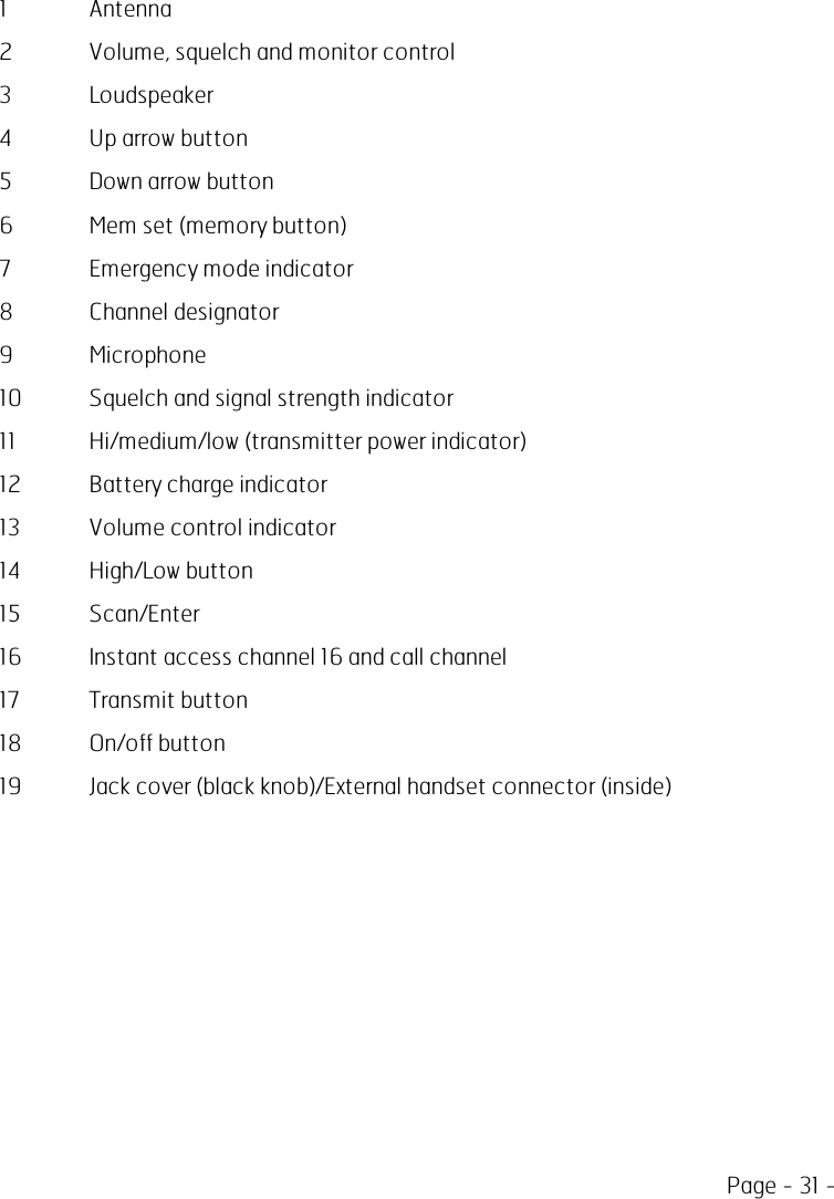 Page - 31 -1 Antenna2 Volume, squelch and monitor control3 Loudspeaker4 Up arrow button5 Down arrow button6 Mem set (memory button)7 Emergency mode indicator8 Channel designator9 Microphone10 Squelch andsignal strength indicator11 Hi/medium/low (transmitter power indicator)12 Battery charge indicator13 Volume control indicator14 High/Low button15 Scan/Enter16 Instant access channel 16 and call channel17 Transmit button18 On/off button19 Jack cover (black knob)/External handset connector (inside)