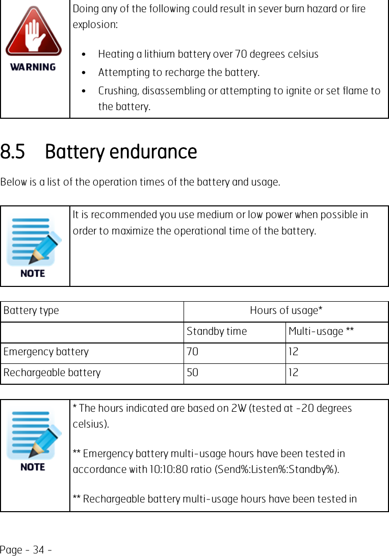 Page - 34 -Doing any of the following could result in sever burn hazard or fireexplosion:• Heating a lithium battery over 70 degrees celsius• Attempting to recharge the battery.• Crushing, disassembling or attempting to ignite or set flame tothe battery.8.5 Battery enduranceBelow is a list of the operation times of the battery and usage.It is recommended you use medium or low power when possible inorder to maximize the operational time of the battery.Battery type Hours of usage*Standby time Multi-usage **Emergency battery 70 12Rechargeable battery 50 12* The hours indicated are based on 2W (tested at -20 degreescelsius).** Emergency battery multi-usage hours have been tested inaccordance with 10:10:80 ratio (Send%:Listen%:Standby%).** Rechargeable battery multi-usage hours have been tested in